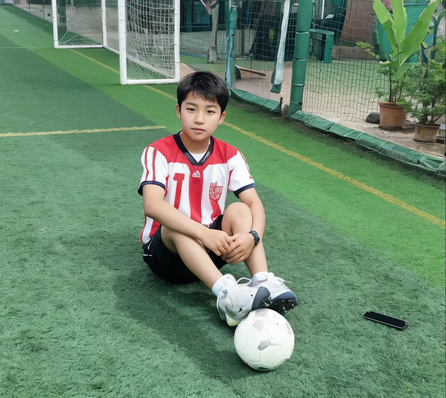 A cute south Korean boy  extreme cute sitting on the football ground with a football