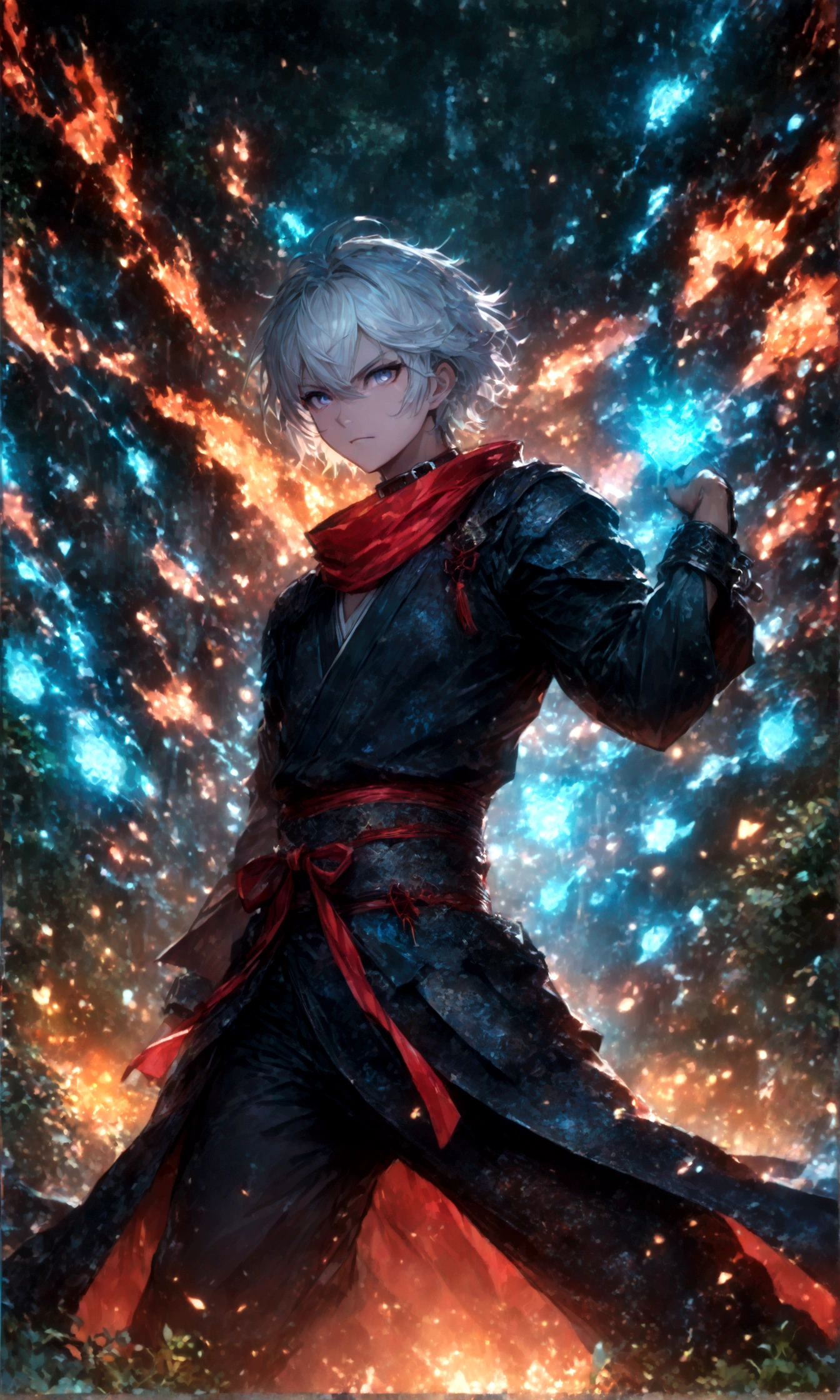 (1 male,gabimaru,Androgynous short hair,white hair,Ninja costume,Gabimaru is a slim androgynous man,beautiful),Midori Ishida's painting style,Intricate details,Use black and white as your main colors,Decadent,artwork,rendering,Dynamic pose,(masterpiece:1.3),(highest quality:1.4),(Super detailed:1.5),High resolution,Very detailed,unity 8k wallpaper,Dark fantasy,Glare,Fighting Style,(Draw artistic background:Creepy Tree々A mysterious forest overgrown with),BREAK,gabimaruの着ているNinja costumeは白色です,The collar and cuffs are black.