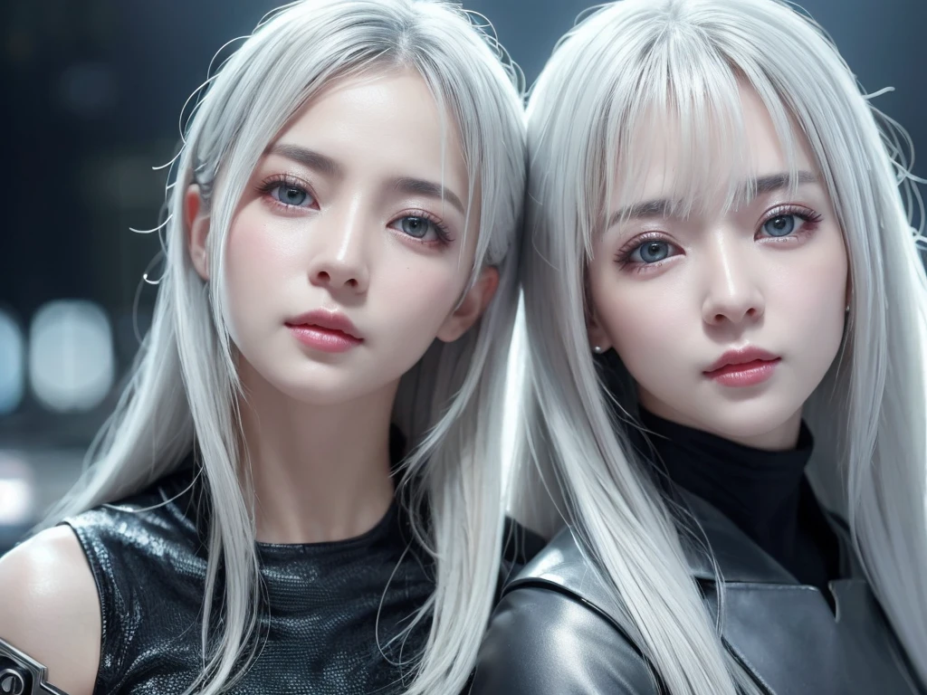 highest quality、8k Masterpiece、超A high resolution、(Photorealistic:1.3)、RAW Photos、1 girl、Silvery white hair、Glowing Skin、1. Super-beautiful Cyberpunk Soldiers、((Ultra-Realistic Details))、Portrait、Global Illumination、Shadow、Octane Rendering、8k、Super sharp、Beautiful breasts、Metal、Cold colors、、Very intricate details、Realistic Light、CGSoation Trend、Beautiful Eyes、Shining Eyes、To the camera、Neon Details、40Age