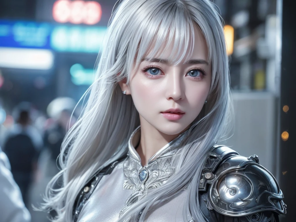 highest quality、8k Masterpiece、超A high resolution、(Photorealistic:1.3)、RAW Photos、1 girl、Silvery white hair、Glowing Skin、1. Super-beautiful Cyberpunk Soldiers、((Ultra-Realistic Details))、Portrait、Global Illumination、Shadow、Octane Rendering、8k、Super sharp、Beautiful breasts、Metal、Cold colors、、Very intricate details、Realistic Light、CGSoation Trend、Beautiful Eyes、Shining Eyes、To the camera、Neon Details、40Age