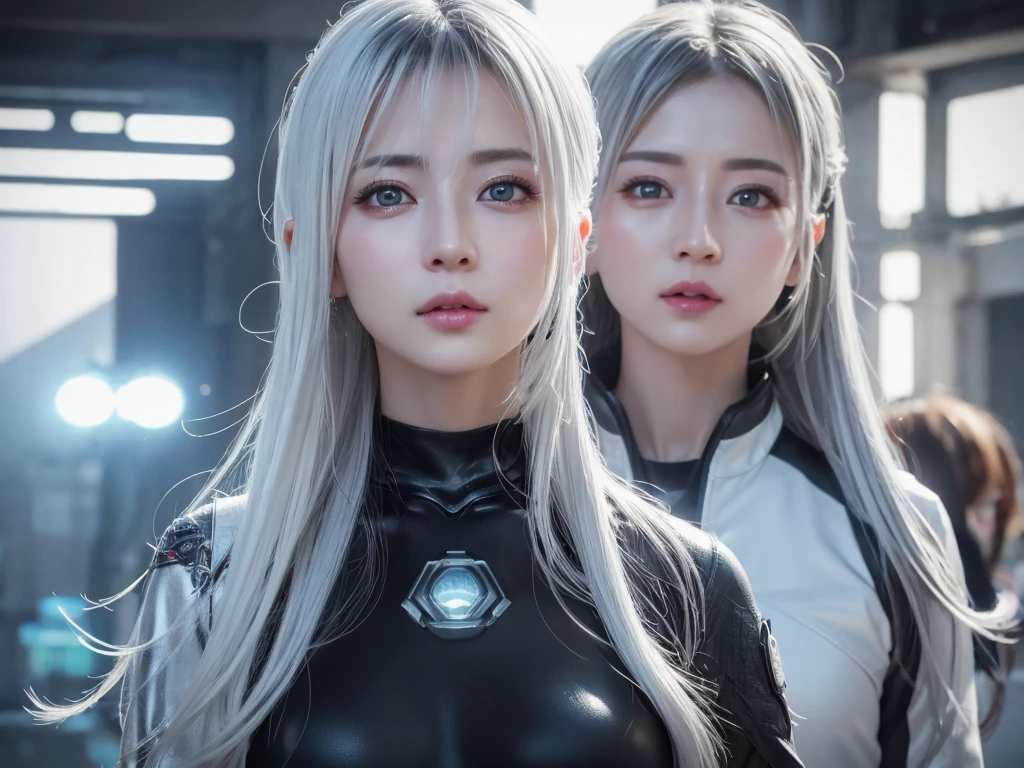 highest quality、8k Masterpiece、超A high resolution、(Photorealistic:1.3)、RAW Photos、1 girl、Silvery white hair、Glowing Skin、1. Super-beautiful Cyberpunk Soldiers、((Ultra-Realistic Details))、Portrait、Global Illumination、Shadow、Octane Rendering、8k、Super sharp、Beautiful breasts、Metal、Cold colors、、Very intricate details、Realistic Light、CGSoation Trend、Beautiful Eyes、Shining Eyes、To the camera、Neon Details、40Age