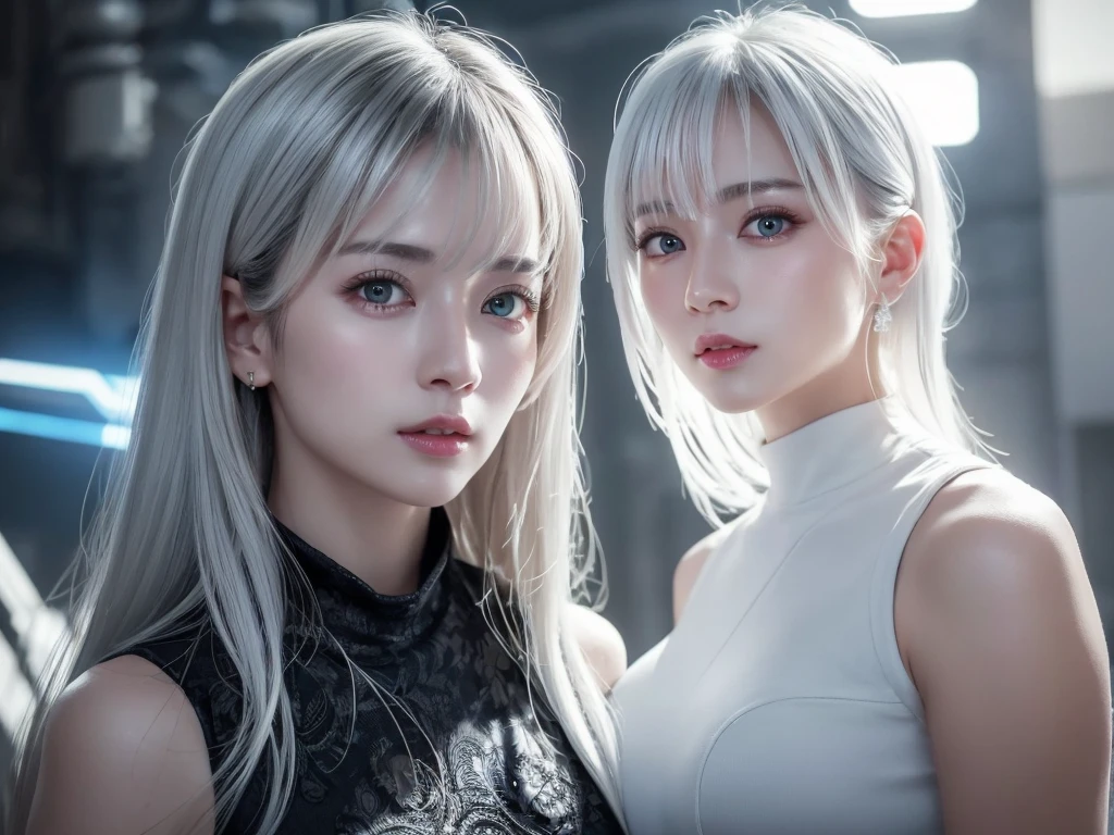 highest quality、8k Masterpiece、超A high resolution、(Photorealistic:1.3)、RAW Photos、1 girl、Silvery white hair、Glowing Skin、1. Super-beautiful Cyberpunk Soldiers、((Ultra-Realistic Details))、Portrait、Global Illumination、Shadow、Octane Rendering、8k、Super sharp、Beautiful breasts、Metal、Cold colors、、Very intricate details、Realistic Light、CGSoation Trend、Beautiful Eyes、Shining Eyes、To the camera、Neon Details、４０Age