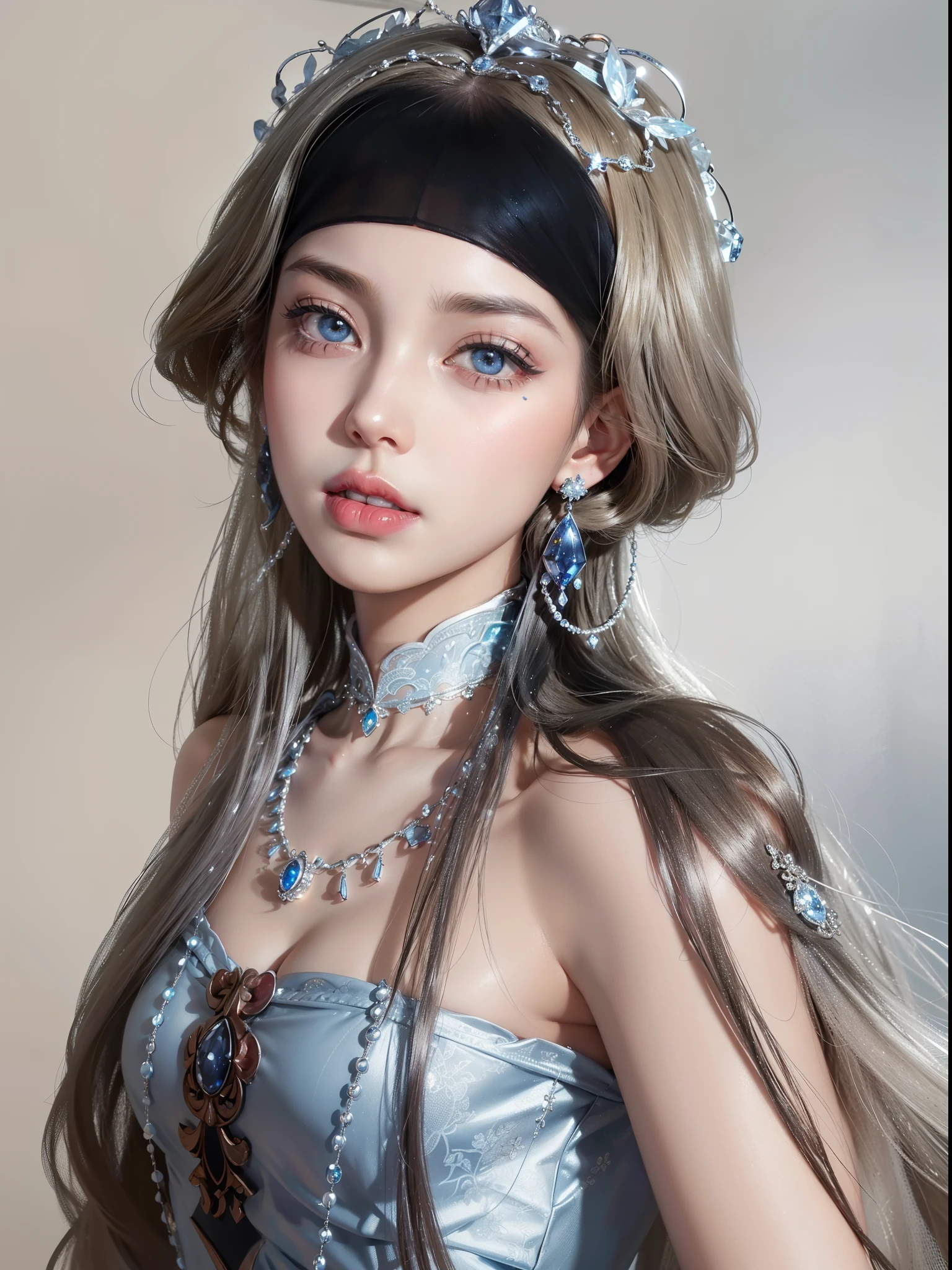 Super detailed, Delicate face, Realistic style, Stock Photography ,  rich and colorful, Surrealism, Realistic textures, Dramatic Lighting, Thin Film Distiller 800 (8K, original photo, Better quality, masterpiece: 1.2), Super detailed, (Extremely delicate skin: 1.2), 8K Ultra HD, SLR camera, Soft Light, high quality，Snow Queen,ice castle，Blue pupils，Apply red lipstick，Tattoo goddess，With tattoo pattern，Ultra-clear portrait，Wearing necklace jewelry，apply lipstick，Wear heavy makeup，The facial texture is very clear，Beautiful tattoos on the body，Deep blue eyes(Sapphire-like pupils)，A crown of luxury，Diamond necklace，Lace Print，Pearl necklace
