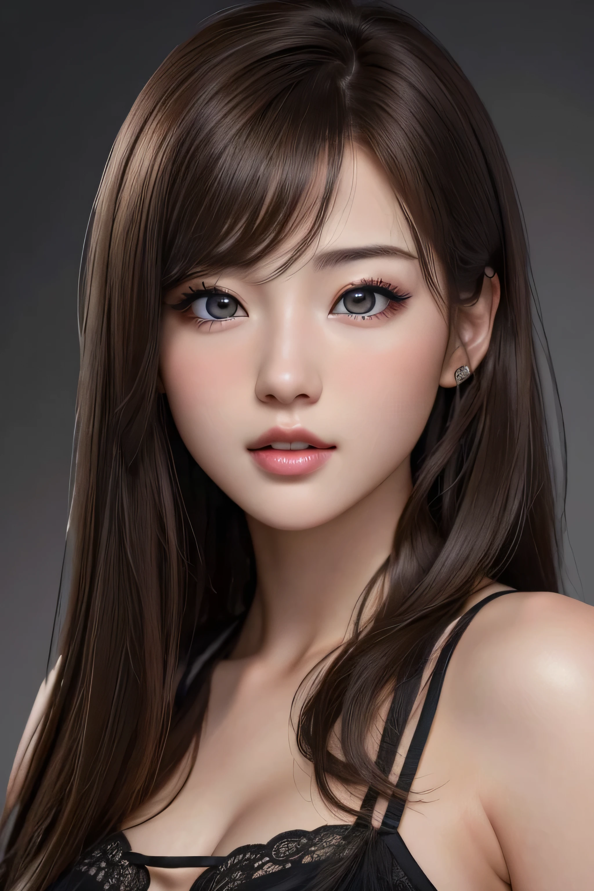 (Representative works: 1.3), (8k, Realistic, RAW Photos, Best image quality: 1.4), (20 year old beauty),Small face, Beautiful Face, (Realistic Face),Natural Makeup、light makeup、 (Dark brown, Long Hair: 1.3), Beautiful Hairstyles, Realistic eyes, Beautiful fine details, (Photorealistic Skin: 1.2), Beautiful Skin、Bust D cup、 Confused, charm, 超High resolution, Ultra-realistic, High resolution, Golden Ratio,、Gray background、sexy、cute、Ahegao