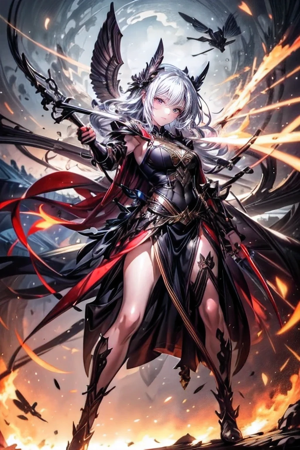 wlop style, fantasic Illustration, masterpiece: 1.2, highest quality, highres, 16k, beautiful detailed, ultra-realistic, photo realistic: 1.37, beautiful grim reaper girl wielding a large sickle, growing red eyes, shining pupils, blushed cheek, shiny rosy lips, delicate beautiful (hair, face, eyes, pupils, sickle), full-body wide view, dynamic posing