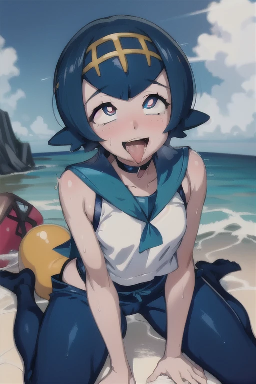 masterpiece, highest quality, pkmn lana, White pupil, head band, Blue sailor collar, sleeveless white shirt, Swimsuit under clothes, Blue pants, Sitting, rock formations, cliff, Ocean, blue sky, look up, smile,Lana,On all fours,Ahegao,Ahegao Sweaty