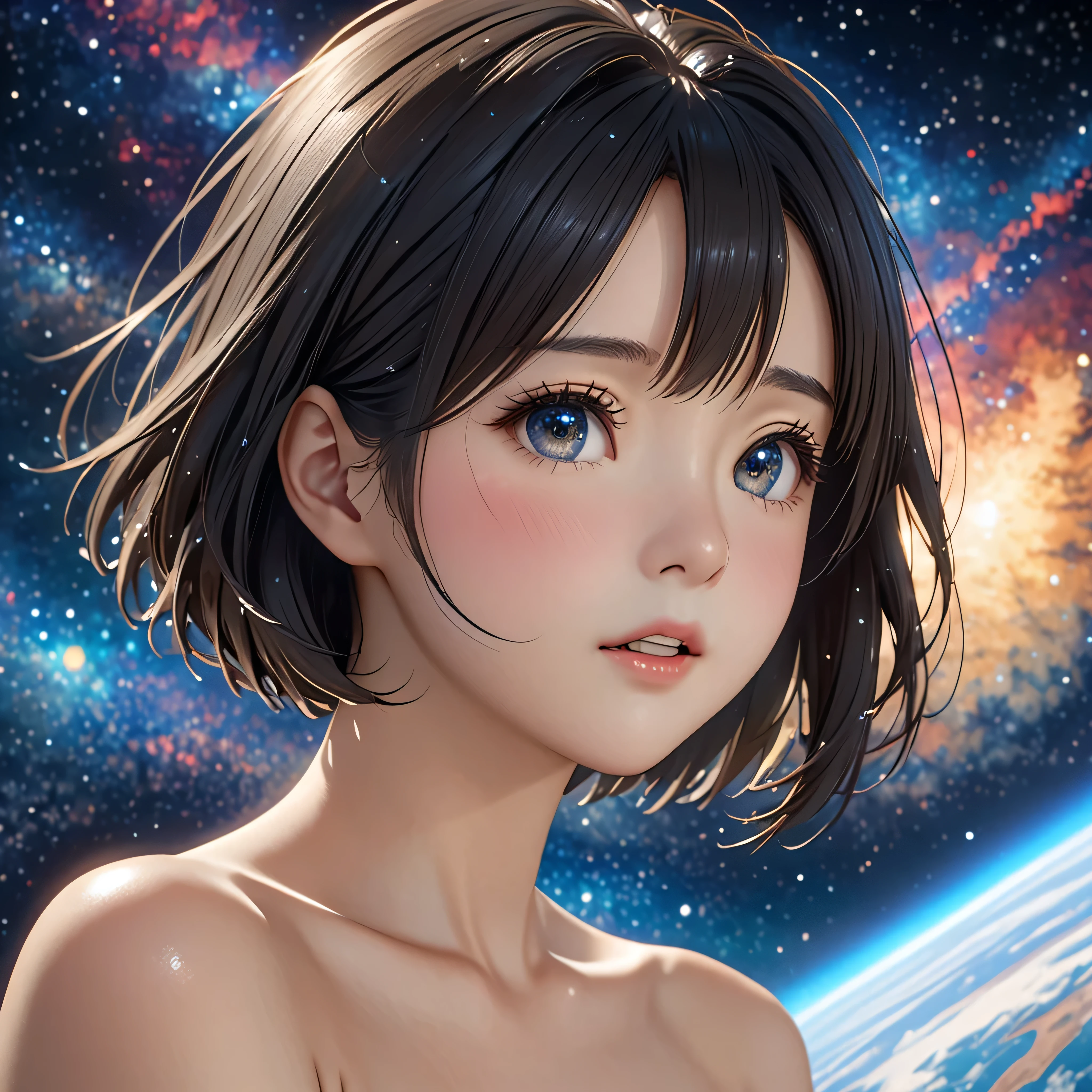 National Science Foundation,masterpiece,High resolution,8K,Art,digit,Three-dimensional,Realism,Kyoto Animation Style,your name movie style,cute,Facing the camera,universe,Milky Way,Planet,(1 female: 1.3),(alone: 1.4),(Naked upper body),Long eyelashes,Long thin legs,Short Bob,Close-up of upper body,Close-up,Starry Sky,Eyes as deep as the Starry Sky,Blushed,shy,shy,open mouth,sad