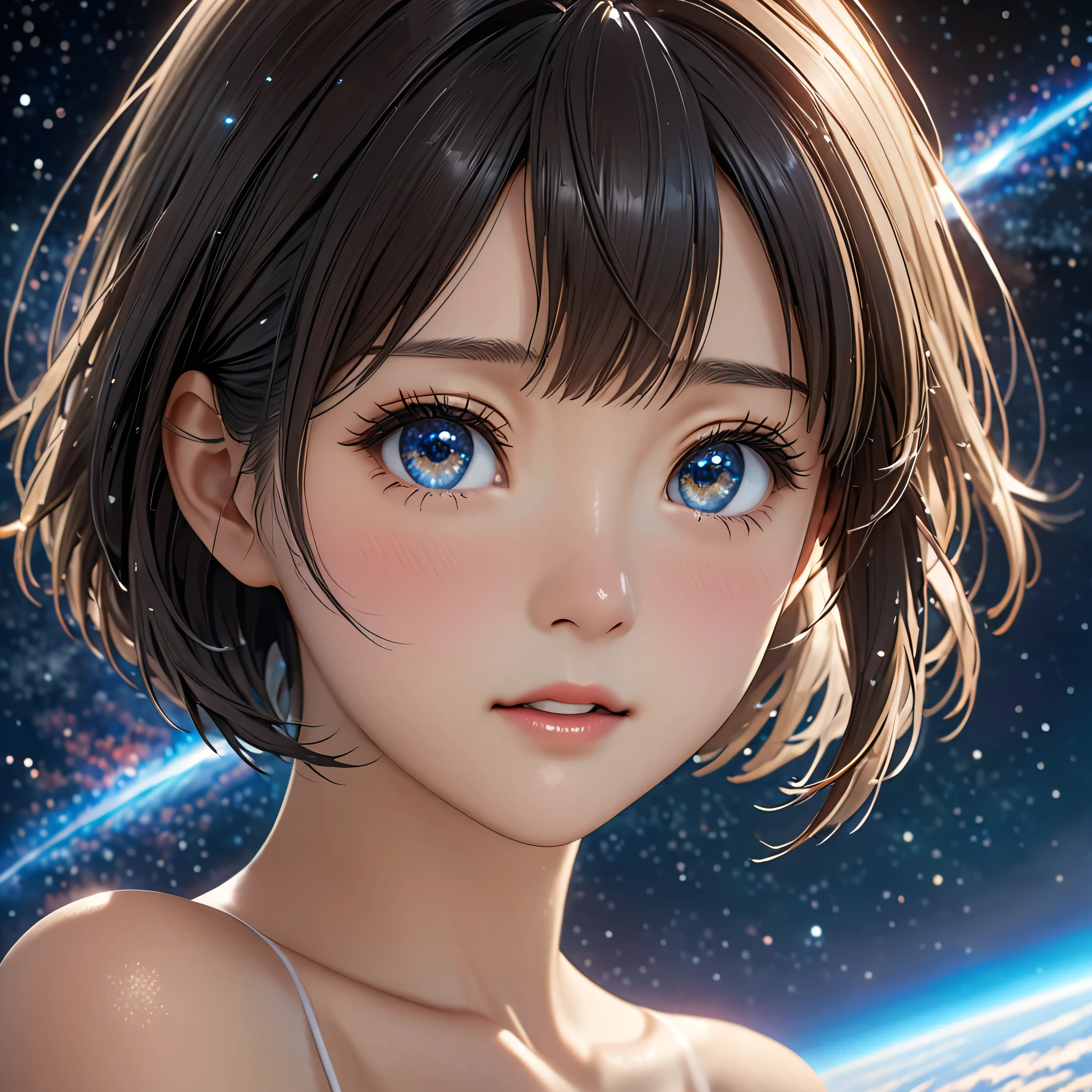 National Science Foundation,masterpiece,High resolution,8K,Art,digit,Three-dimensional,Realism,Kyoto Animation Style,your name movie style,cute,Facing the camera,universe,Milky Way,Planet,(1 female: 1.3),(alone: 1.4),(Naked upper body),Long eyelashes,Long thin legs,Short Bob,Close-up of upper body,Close-up,Starry Sky,Eyes as deep as the Starry Sky,Blushed,shy,shy,open mouth,sad