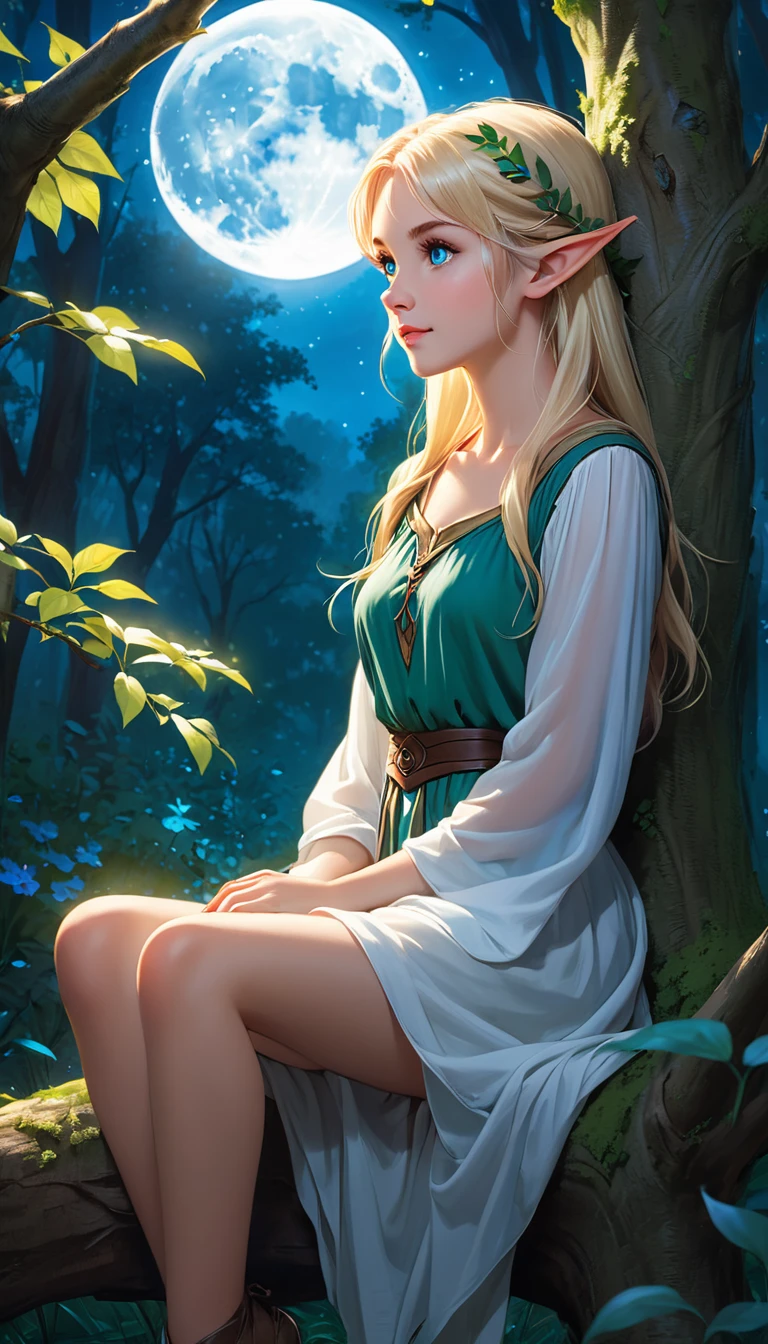 A young elf woman, with blond hair and bright blue eyes, is sitting on a tree, surrounded by a dense and lush forest. The night is blue and clear, with the full moon shining brightly in the sky. The young woman is immersed in nature, her skin shining with a touch of magic. She seems to be a part of the forest, her serene expression and her relaxed posture. The scene conveys a sense of harmony and connection with nature, as if the young elf were an integral part of the wild world that surrounds her.