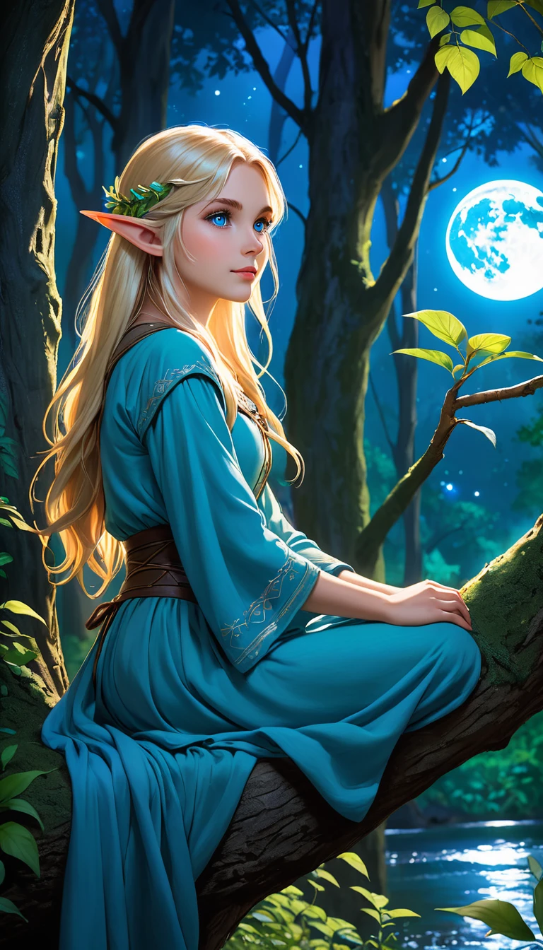 A young elf woman, with blond hair and bright blue eyes, is sitting on a tree, surrounded by a dense and lush forest. The night is blue and clear, with the full moon shining brightly in the sky. The young woman is immersed in nature, her skin shining with a touch of magic. She seems to be a part of the forest, her serene expression and her relaxed posture. The scene conveys a sense of harmony and connection with nature, as if the young elf were an integral part of the wild world that surrounds her.