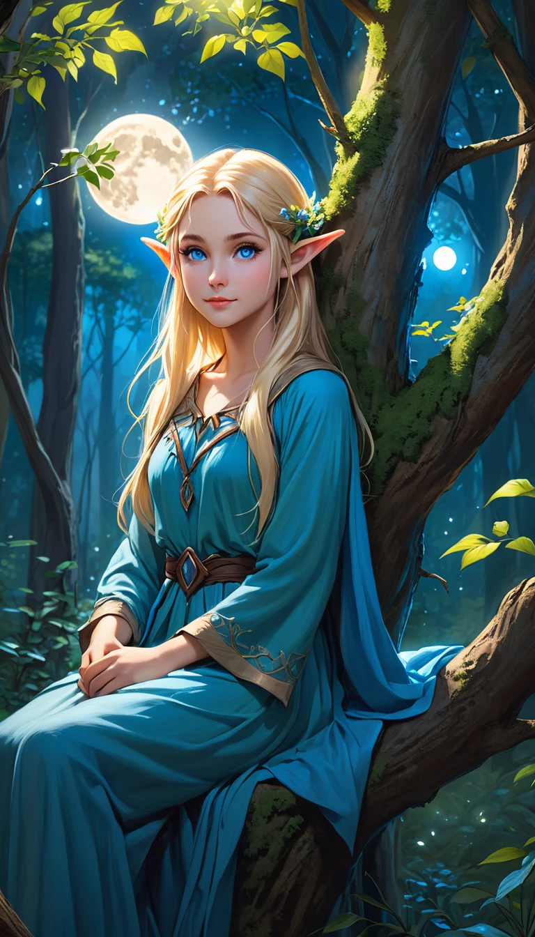 A young elf woman, with blond hair and bright blue eyes, is sitting on a tree, surrounded by a dense and lush forest. The night is blue and clear, with the full moon shining brightly in the sky. The young woman is immersed in nature, her skin shining with a touch of magic. She seems to be a part of the forest, her serene expression and her relaxed posture. The scene conveys a sense of harmony and connection with nature, as if the young elf were an integral part of the wild world that surrounds her.
