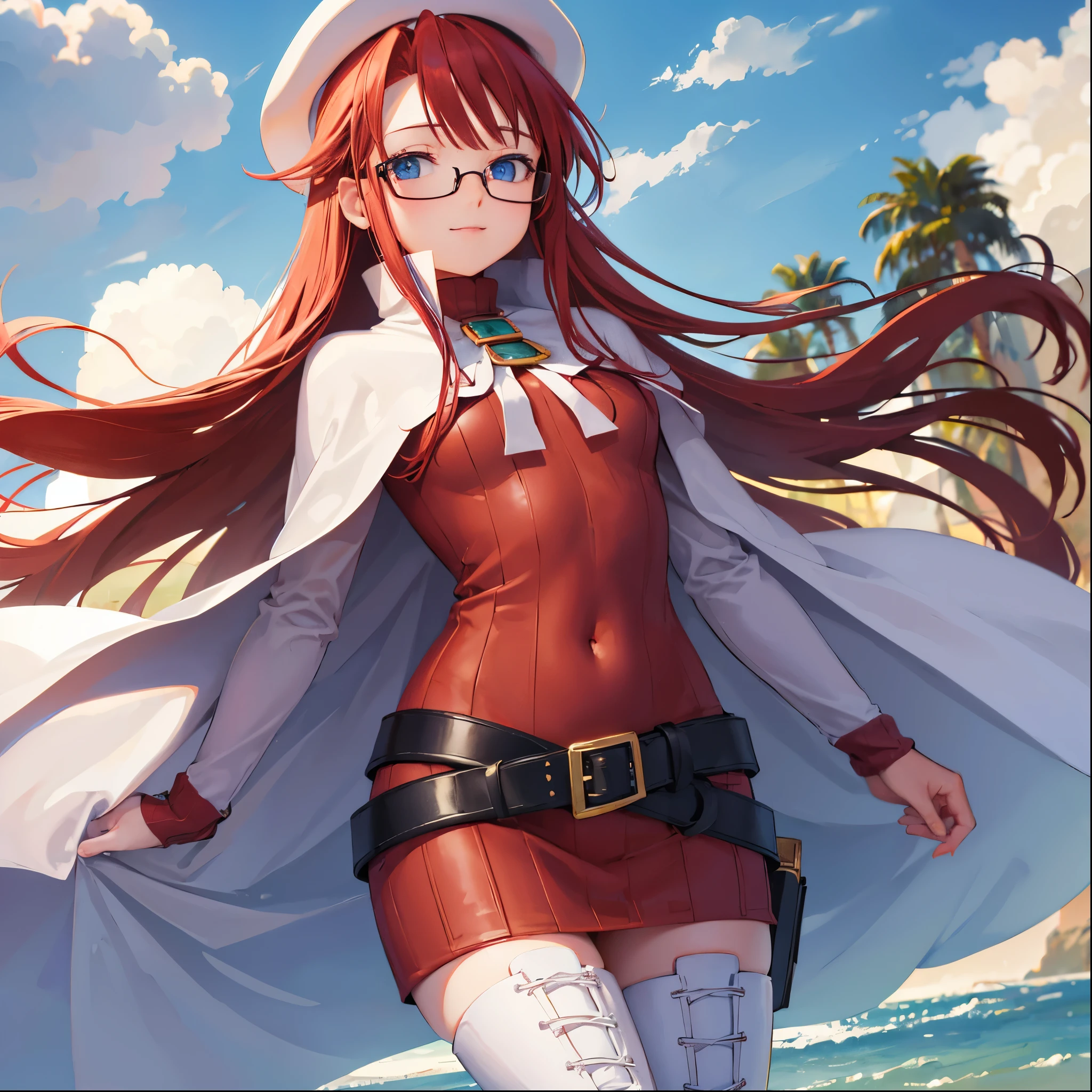 summonnightaty, aty, (young:1.3),long hair, blue eyes, red hair, big_berets, hat, glasses,
BREAK long hair, thighhighs, hat, dress, naked_legs, glasses, belt, cape, sweater, zettai ryouiki, beret, thigh boots, white footwear, ribbed sweater, loose belt,solo,
BREAK outdoors, fantasy,on_beach,
,Highquality_hads,perfect_fingers,
BREAK (masterpiece:1.2), best quality, high resolution, unity 8k wallpaper, (illustration:0.8), (beautiful detailed eyes:1.6), extremely detailed face, perfect lighting, extremely detailed CG, (perfect hands, perfect anatomy),covered_nipples,covered_navel ,half_eyes,long_sword,sleepy,standing,red_sweater,apart_knees,magical_effect,spread_legs, have_a_book,teacher,rise_knee,Smile,rise_hand,look_down_viewer,spread_arms,sea​_waves,looking_into,blue_sky,sitting,plump,