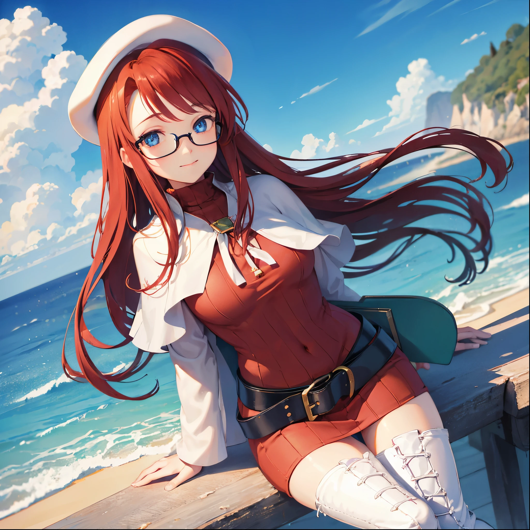 summonnightaty, aty, (young:1.3),long hair, blue eyes, red hair, big_berets, hat, glasses,
BREAK long hair, thighhighs, hat, dress, naked_legs, glasses, belt, cape, sweater, zettai ryouiki, beret, thigh boots, white footwear, ribbed sweater, loose belt,solo,
BREAK outdoors, fantasy,on_beach,
,Highquality_hads,perfect_fingers,
BREAK (masterpiece:1.2), best quality, high resolution, unity 8k wallpaper, (illustration:0.8), (beautiful detailed eyes:1.6), extremely detailed face, perfect lighting, extremely detailed CG, (perfect hands, perfect anatomy),covered_nipples,covered_navel ,half_eyes,long_sword,sleepy,standing,red_sweater,apart_knees,magical_effect,spread_legs, have_a_book,teacher,rise_knee,Smile,rise_hand,look_down_viewer,spread_arms,sea​_waves,looking_into,blue_sky,sitting,plump,