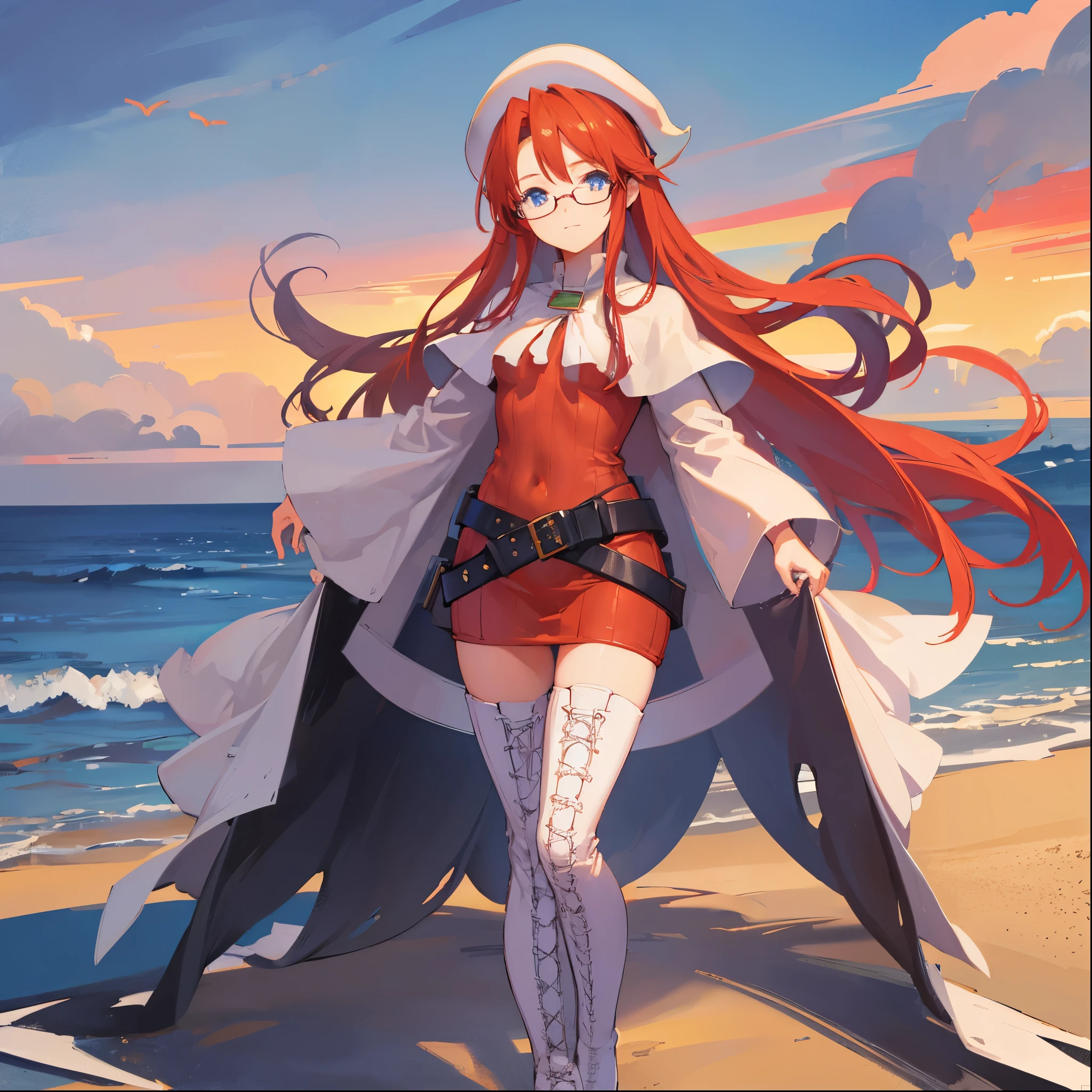 summonnightaty, aty, (young:1.3),long hair, blue eyes, red hair, big_berets, hat, glasses,
BREAK long hair, thighhighs, hat, dress, naked_legs, glasses, belt, cape, sweater, zettai ryouiki, beret, thigh boots, white footwear, ribbed sweater, loose belt,solo,
BREAK outdoors, fantasy,on_beach,
,Highquality_hads,perfect_fingers,
BREAK (masterpiece:1.2), best quality, high resolution, unity 8k wallpaper, (illustration:0.8), (beautiful detailed eyes:1.6), extremely detailed face, perfect lighting, extremely detailed CG, (perfect hands, perfect anatomy),covered_nipples,covered_navel ,half_eyes,long_sword,sleepy,standing,red_sweater,apart_knees,magical_effect,spread_legs, have_a_book,teacher,rise_knee,Smile,rise_hand,look_down_viewer,spread_arms,sea_waves,looking_into,blue_sky,sitting,plump,