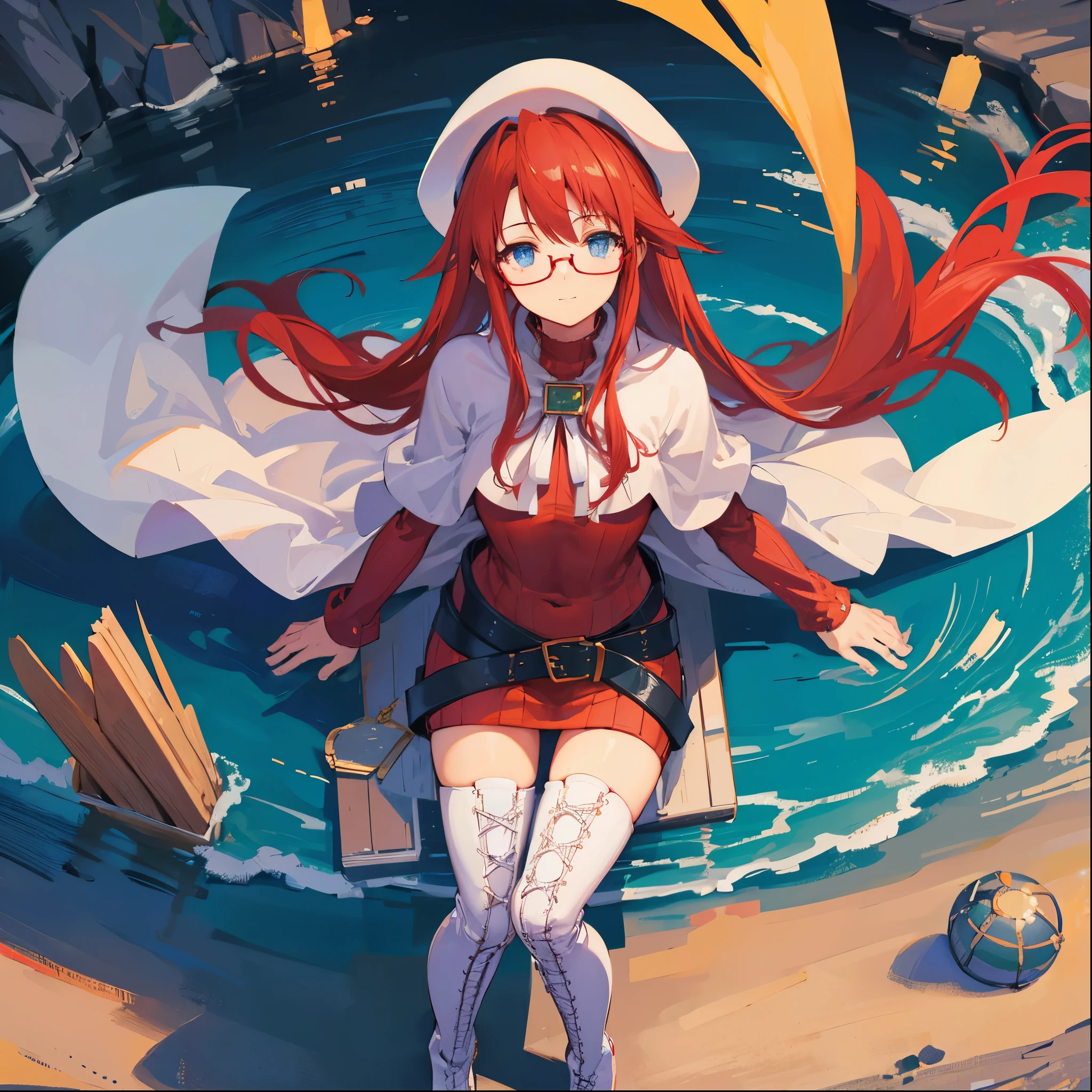 summonnightaty, aty, (young:1.3),long hair, blue eyes, red hair, big_berets, hat, glasses,
BREAK long hair, thighhighs, hat, dress, naked_legs, glasses, belt, cape, sweater, zettai ryouiki, beret, thigh boots, white footwear, ribbed sweater, loose belt,solo,
BREAK outdoors, fantasy,on_beach,
,Highquality_hads,perfect_fingers,
BREAK (masterpiece:1.2), best quality, high resolution, unity 8k wallpaper, (illustration:0.8), (beautiful detailed eyes:1.6), extremely detailed face, perfect lighting, extremely detailed CG, (perfect hands, perfect anatomy),covered_nipples,covered_navel ,half_eyes,long_sword,sleepy,standing,red_sweater,apart_knees,magical_effect,spread_legs, have_a_book,teacher,rise_knee,Smile,rise_hand,look_down_viewer,spread_arms,sea​_waves,looking_into,blue_sky,sitting,plump,