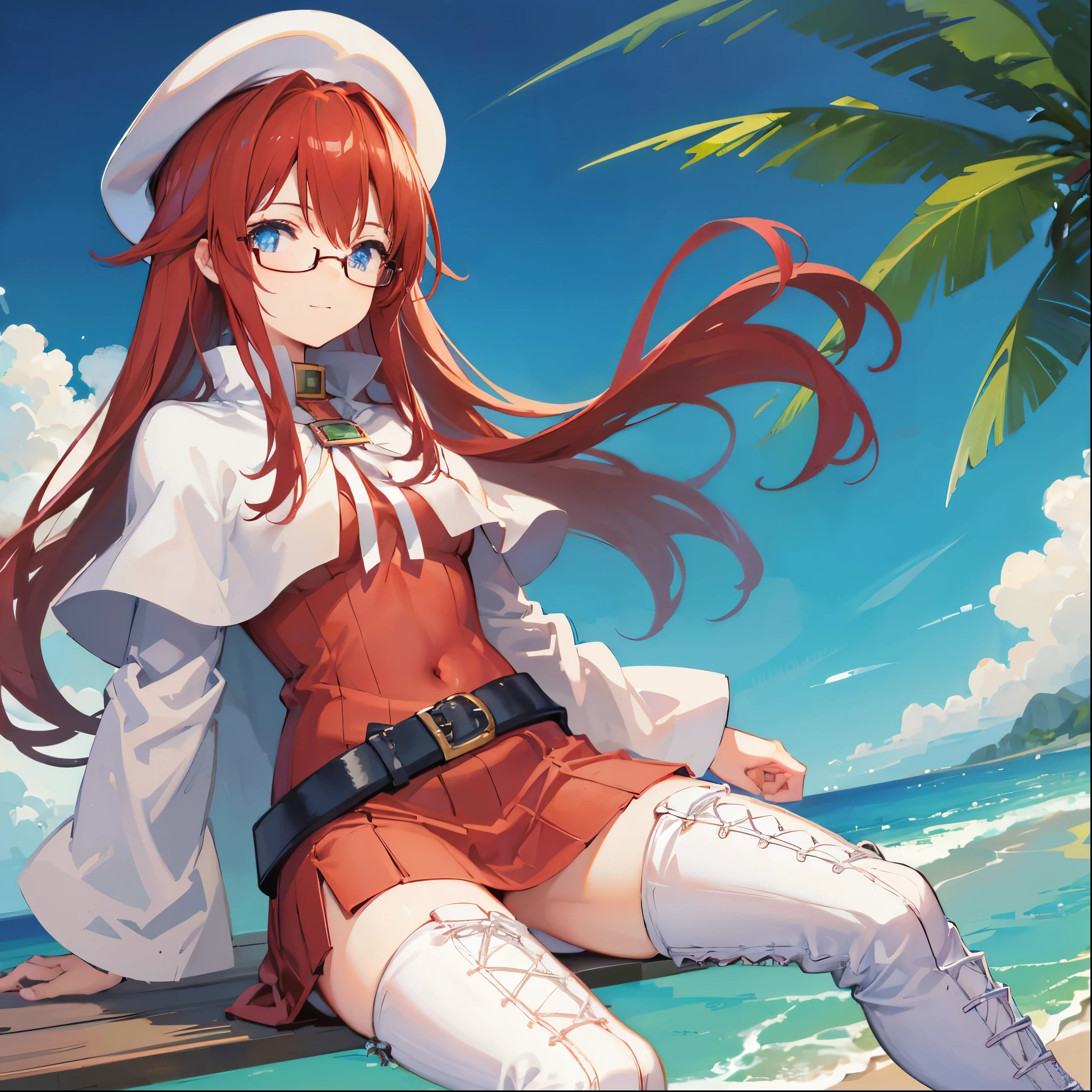 summonnightaty, aty, (young:1.3),long hair, blue eyes, red hair, big_berets, hat, glasses,
BREAK long hair, thighhighs, hat, dress, naked_legs, glasses, belt, cape, sweater, zettai ryouiki, beret, thigh boots, white footwear, ribbed sweater, loose belt,solo,
BREAK outdoors, fantasy,on_beach,
,Highquality_hads,perfect_fingers,
BREAK (masterpiece:1.2), best quality, high resolution, unity 8k wallpaper, (illustration:0.8), (beautiful detailed eyes:1.6), extremely detailed face, perfect lighting, extremely detailed CG, (perfect hands, perfect anatomy),covered_nipples,covered_navel ,half_eyes,long_sword,sleepy,standing,red_sweater,apart_knees,magical_effect,spread_legs, have_a_book,teacher,rise_knee,Smile,rise_hand,look_down_viewer,spread_arms,sea_waves,looking_into,blue_sky,sitting,plump,