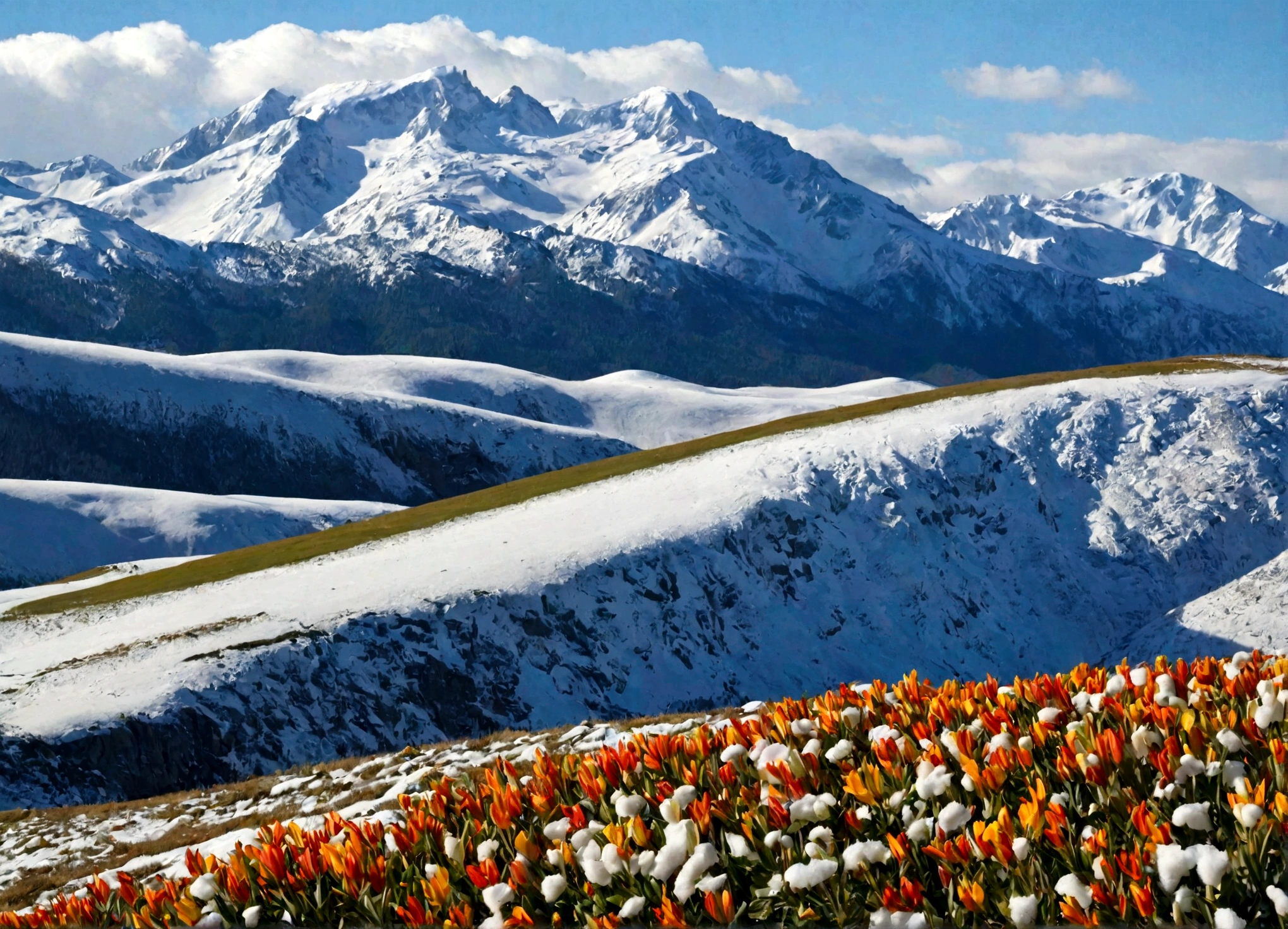 plains, terra seca, terra rachada, montanhas ao fundo com neve, florido, relva, flores, abelhas,