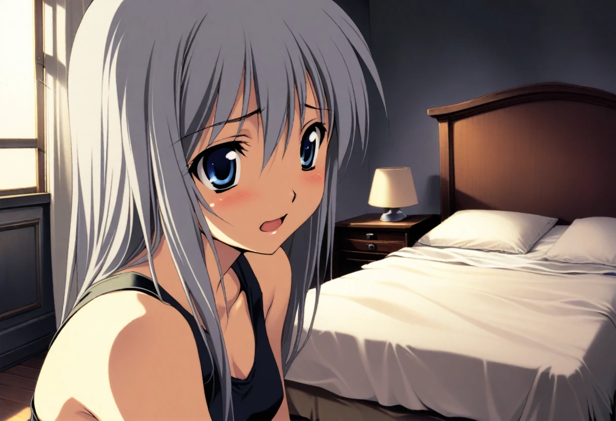 1girl, grey hair, blue eyes, scared, supper body, bedroom, indoor, masterpiece, best quality, absurdres, very aesthetic, oldest, General