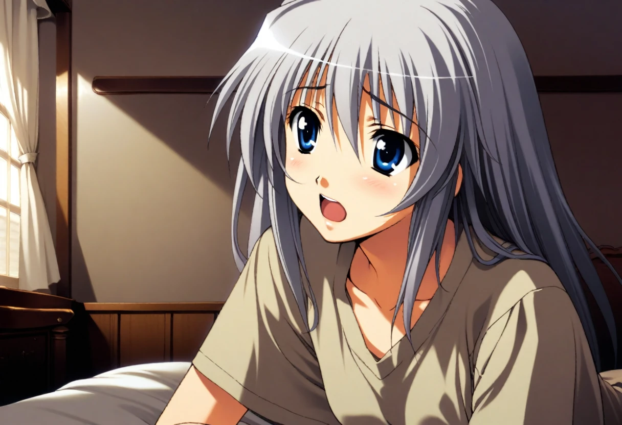 1girl, grey hair, blue eyes, scared, supper body, bedroom, indoor, masterpiece, best quality, absurdres, very aesthetic, oldest, General