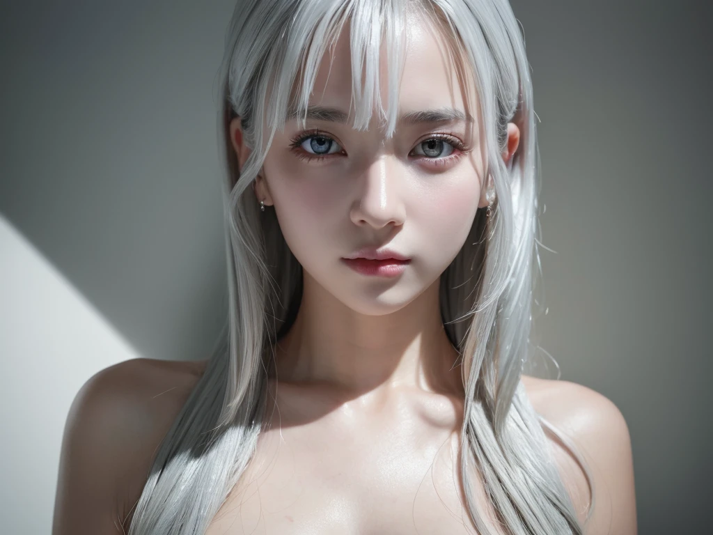 highest quality、8k Masterpiece、超A high resolution、(Photorealistic:1.3)、RAW Photos、1 girl、Silvery white hair、Glowing Skin、1. Super-beautiful Cyberpunk Soldiers、((Ultra-Realistic Details))、Portrait、Global Illumination、Shadow、Octane Rendering、8k、Super sharp、Beautiful breasts、Metal、Cold colors、、Very intricate details、Realistic Light、CGSoation Trend、Beautiful Eyes、Shining Eyes、To the camera、Neon Details、20age、Completely naked