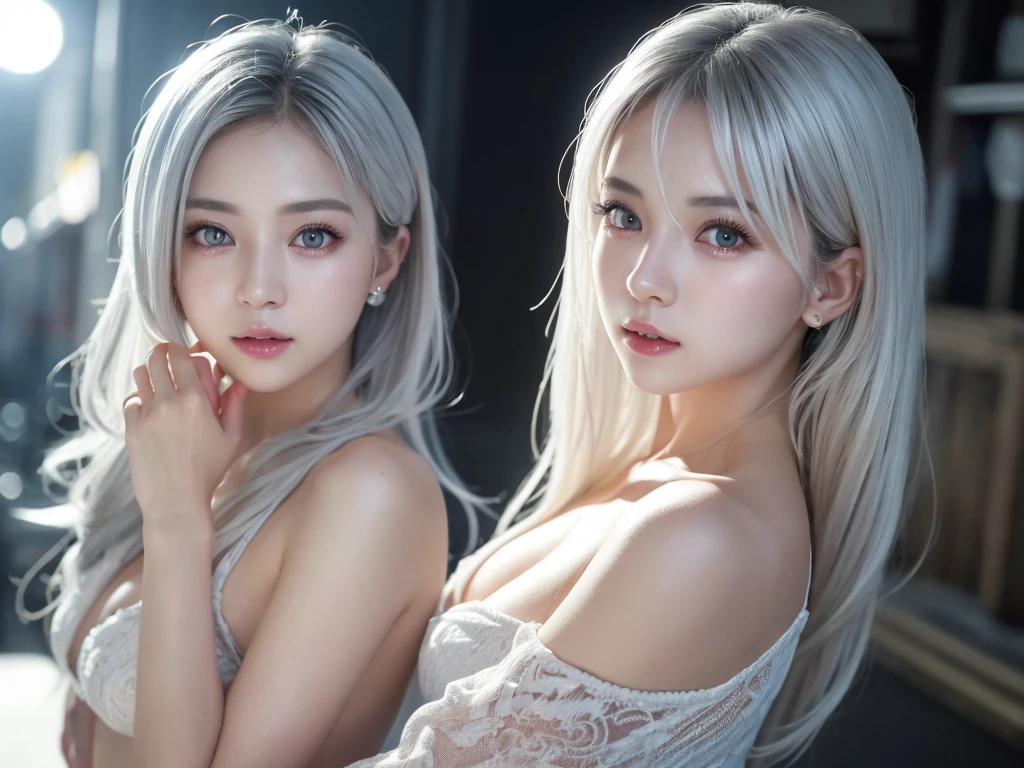 highest quality、8k Masterpiece、超A high resolution、(Photorealistic:1.3)、RAW Photos、1 girl、Silvery white hair、Glowing Skin、1. Super-beautiful Cyberpunk Soldiers、((Ultra-Realistic Details))、Portrait、Global Illumination、Shadow、Octane Rendering、8k、Super sharp、Beautiful breasts、Metal、Cold colors、、Very intricate details、Realistic Light、CGSoation Trend、Beautiful Eyes、Shining Eyes、To the camera、Neon Details、20age、Completely naked