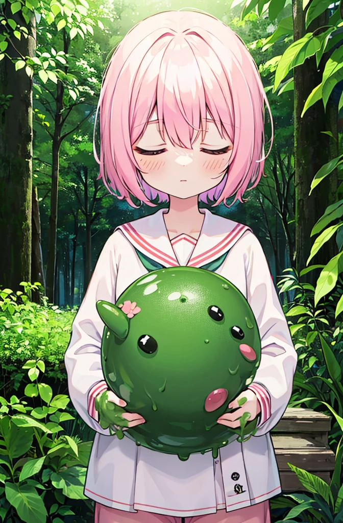 score_9, score_8, 1girl white fabric skin pink hair closed eyes sailor dress in a abandoned building near a forest cover in green slime