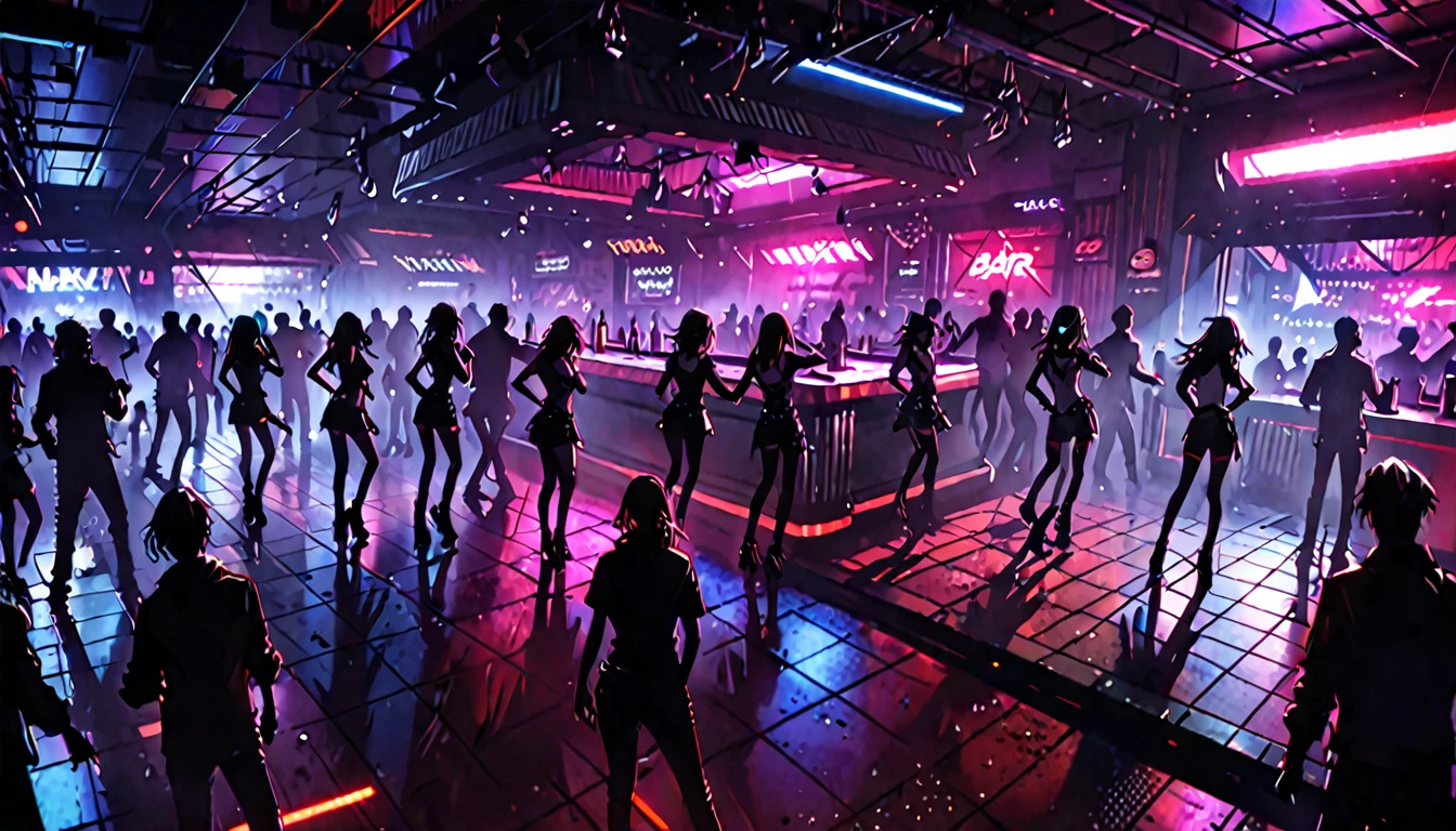punk aesthetic, bar, dance floor, dark, people scattered on the dance floor and bar, futuristic, red lights, dive bar