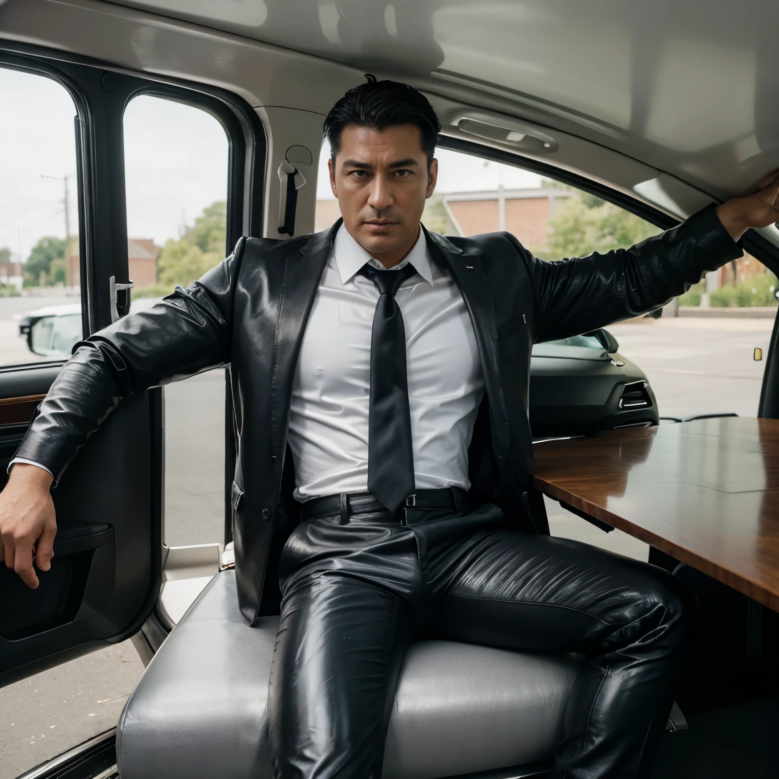 30 years old,daddy,"shiny suit",wear white shirt, super glossy pants, necktie, waistcoat, shiny satin trousers,dark gray satin fabric ,Dad sit in a car,  k hd,in the office,"big muscle" ,black hair,asia face,masculine,strong man,the boss is,handsome,,leather gloves,lecherous dad,look straight ahead,dad is handsome,dad is handsome, dad is "big horny daddy"