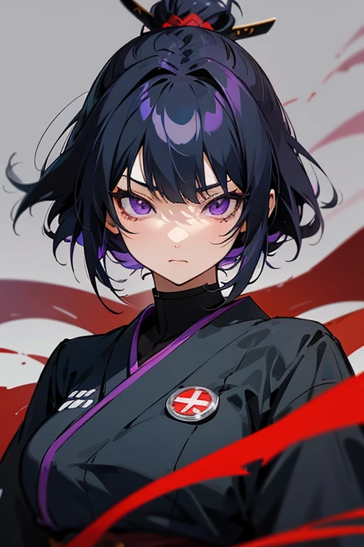 Anime woman, black hair, yukata, samurai, manga 2d, purple eyes, anime adult woman, creative hairstyle, no shine eyes, siren eyes, justice icon