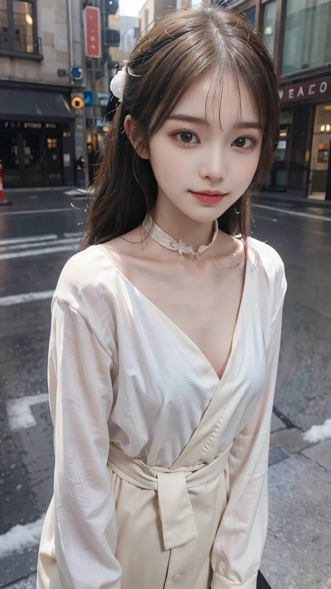 One woman,fully body photo,masutepiece, The highest image quality, High quality, the background is clear,Beautiful woman, Detailed, Detailed eyes, Detailed skin, Beautiful skin, 超hight resolution, (reality: 1.4),Very beautiful woman, Slightly younger face, Beautiful skin, slender, (Ultra photo realsisim), (hight resolution), (32K), (Very detailed) (beautifully detailed eyes), (super detailed), (Detailed face), view the viewer, Fine details, Detailed face, Staring straight ahead, Staring straight ahead, photos realistic, Bright lighting, Professional Lighting, Black hair,poneyTail,a baby face,fifteen years old,Hairstyle is ponytail,long ponytail hairstyle,slight smile,neat and tidy clothing,European Streets,Beautiful KPOP idol photo, hair style is ponytail, my eyes are double and wide, baby face, smile and look straight ahead, slender, Flat Chest,Small Bust,Small hips,Small waist,Korean famous idol beautiful girl dancer,small breasts,neat and tidy clothing,European Streets,winter Clothing,snowing,Coat with collar,