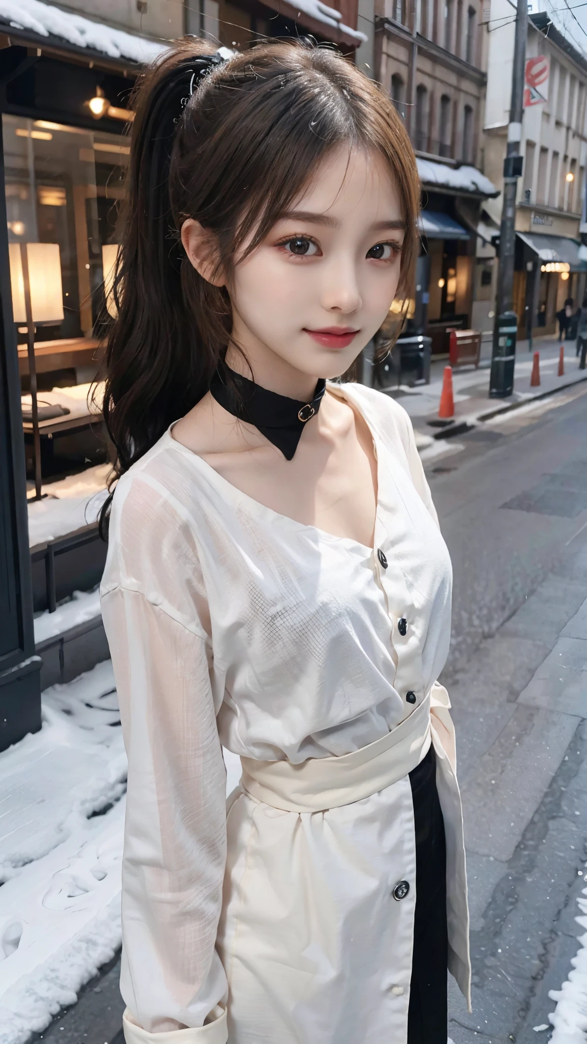 One woman,fully body photo,masutepiece, The highest image quality, High quality, the background is clear，Beautiful woman, Detailed, Detailed eyes, Detailed skin, Beautiful skin, 超hight resolution, (reality: 1.4),Very beautiful woman, Slightly younger face, Beautiful skin, slender, (Ultra photo realsisim), (hight resolution), (32K), (Very detailed) (beautifully detailed eyes), (super detailed), (Detailed face), view the viewer, Fine details, Detailed face, Staring straight ahead, Staring straight ahead, photos realistic, Bright lighting, Professional Lighting, Black hair,poneyTail,a baby face,fifteen years old,Hairstyle is ponytail,long ponytail hairstyle,slight smile,neat and tidy clothing,European Streets,Beautiful KPOP idol photo, hair style is ponytail, my eyes are double and wide, baby face, smile and look straight ahead, slender, Flat Chest,Small Bust,Small hips,Small waist,Korean famous idol beautiful girl dancer,small breasts,neat and tidy clothing,European Streets,winter Clothing,snowing,Coat with collar,