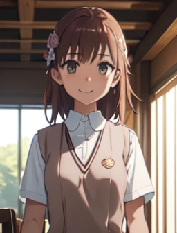 Masterpiece HD, alone, One girl, Mikoto rose., tokiwadai, Wear a white collared shirt, Wear a brown vest, bow, View Viewer,, smile, Upper Body, Are standing, indoor