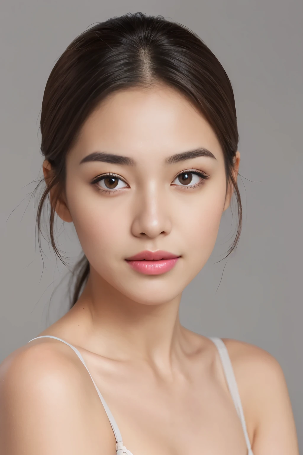 Create a (( mid-shot )) photorealistic image of a beautiful Asian woman with fair, smooth, flawless skin. She has large, round, sparkling eyes with naturally long and curled eyelashes, and well-defined, dark eyebrows. Her nose is straight and high, and her naturally pink, soft lips form a gentle smile. She has short, slightly curled brown hair that highlights her delicate facial features. Her face is oval-shaped, with a wide and high forehead, moderately high cheekbones, and a pointed, slender chin. She is wearing a light grey bra that complements her elegant and feminine appearance. 