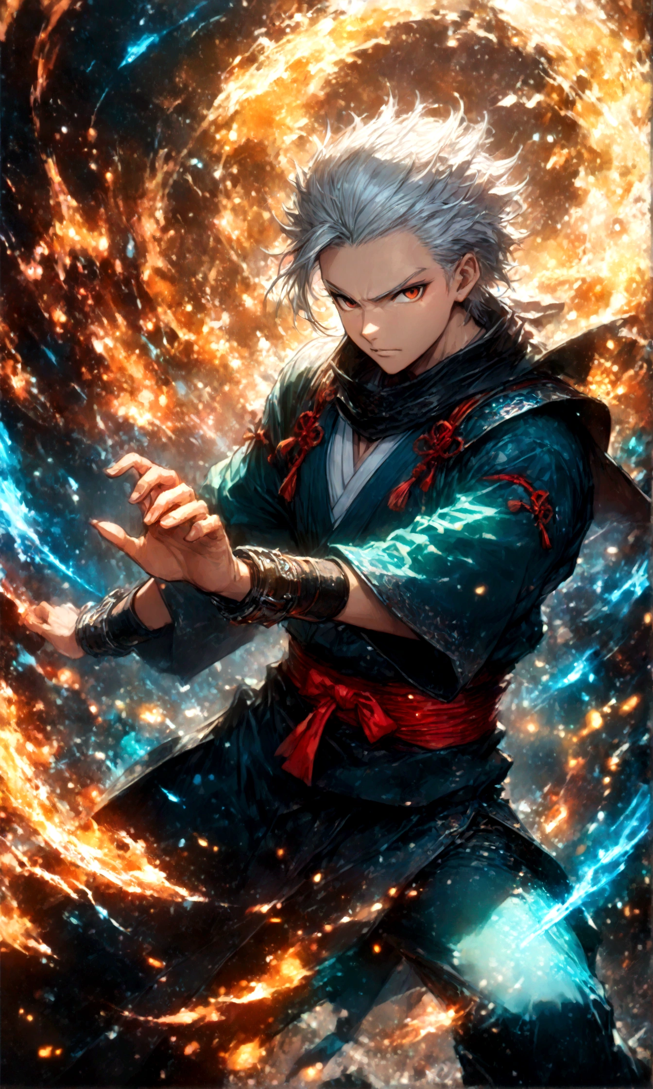 (1 male,gabimaru,Androgynous short hair,white hair,Ninja costume,Gabimaru is a slim androgynous man,beautiful),Midori Ishida's painting style,Intricate details,Use black and white as your main colors,Decadent,artwork,rendering,Dynamic pose,(masterpiece:1.3),(highest quality:1.4),(Super detailed:1.5),High resolution,Very detailed,unity 8k wallpaper,Dark fantasy,Glare,Fighting Style,BREAK,gabimaruの着ているNinja costumeは白色です,The collar and cuffs are black.