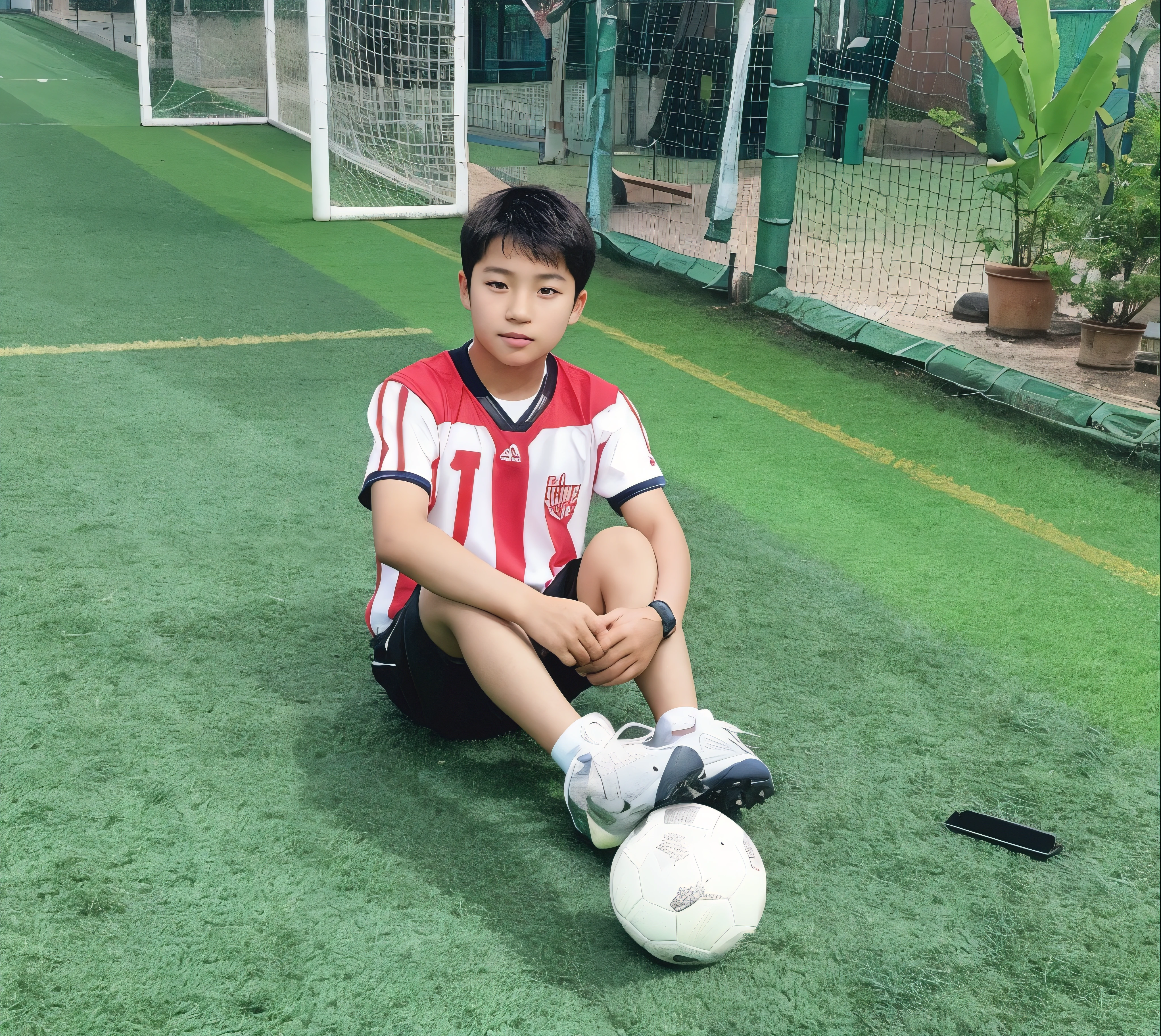 A cute south Korean boy extreme cute sitting on the football ground with a football
