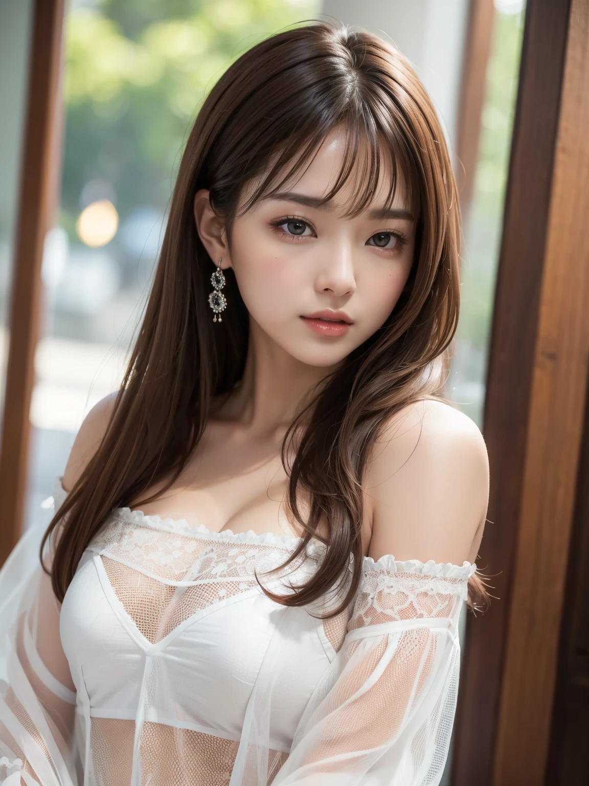 Ultra High Definition, Superior Quality, Premier Quality, ultra detailed, Photorealistic, 8k, RAW Photos, highest quality, masterpiece,  Attractive girl, Stunning girl, Brown Hair, Shoulder Length Layered, Mesh Hair, Japanese Idol, Sophisticated, Stylish, blouse, 