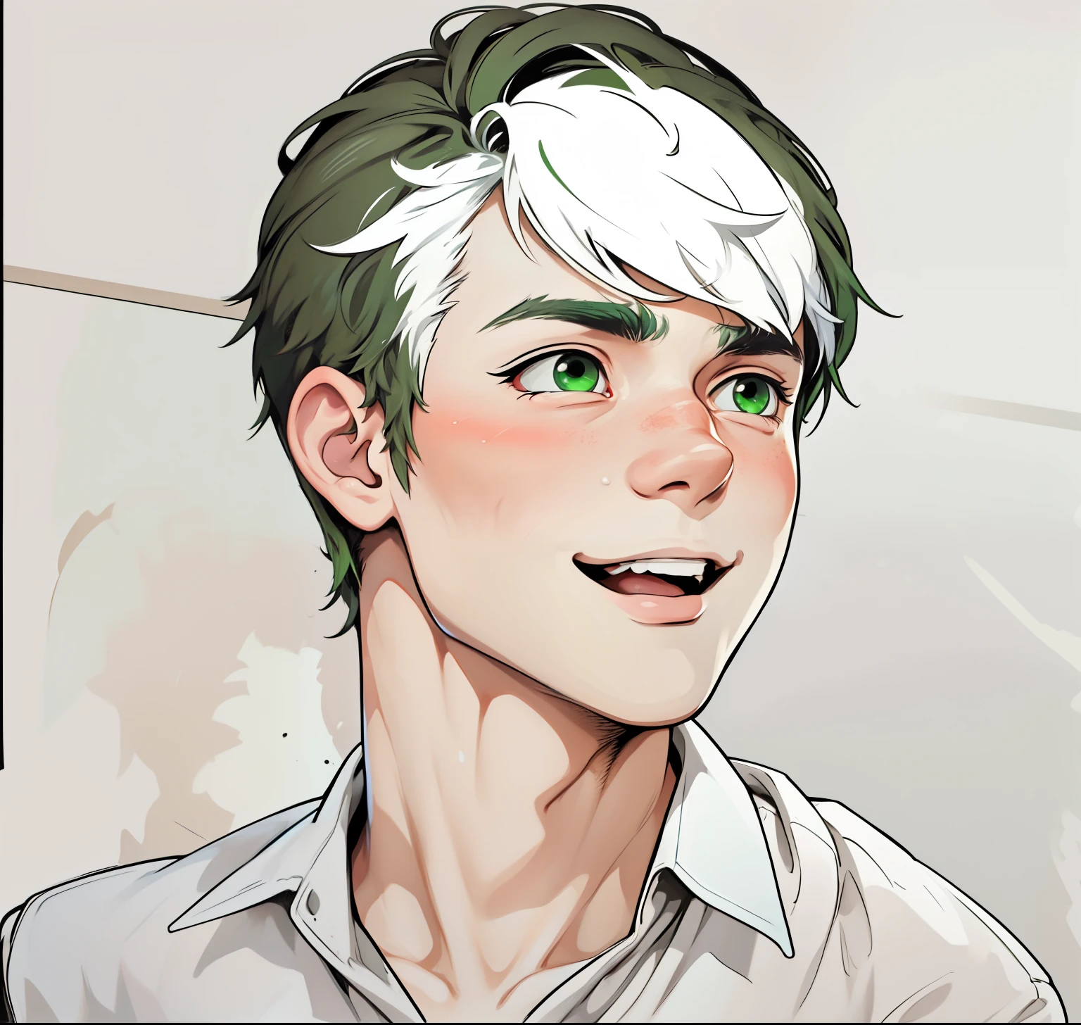 cute 18 year old boy, green eyes, white hair, smile and mischievous look, he is talking with joy, he asks questions, a little amazed