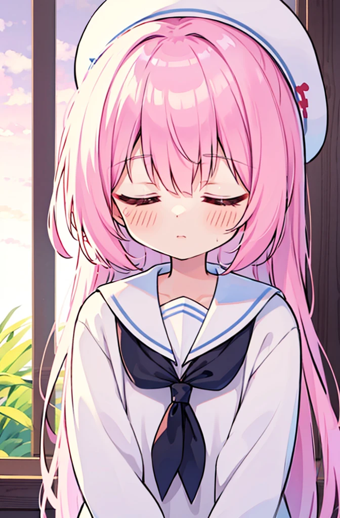 score_9, score_8, 1girl white fabric skin pink hair closed eyes sailor dress 
