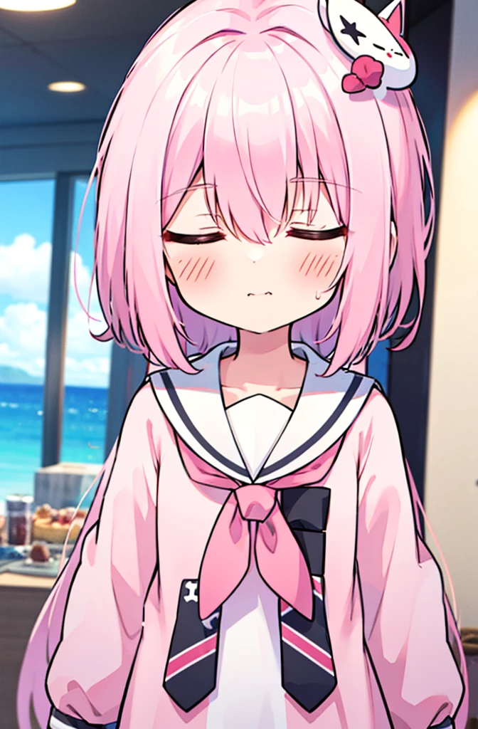 score_9, score_8, 1girl white fabric skin pink hair closed eyes sailor dress 