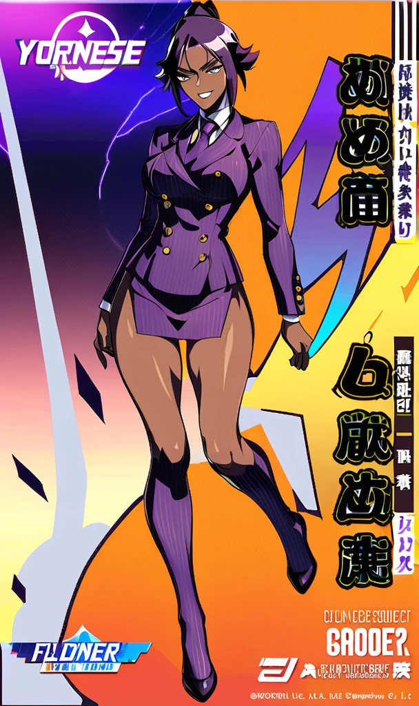 Full body Yoruichi as a thin Black business woman in a double breasted pinstripe purple skirt suit while wearing a tie with purple pinstripe skirt and with purple knee socks full art with a and thin thighs