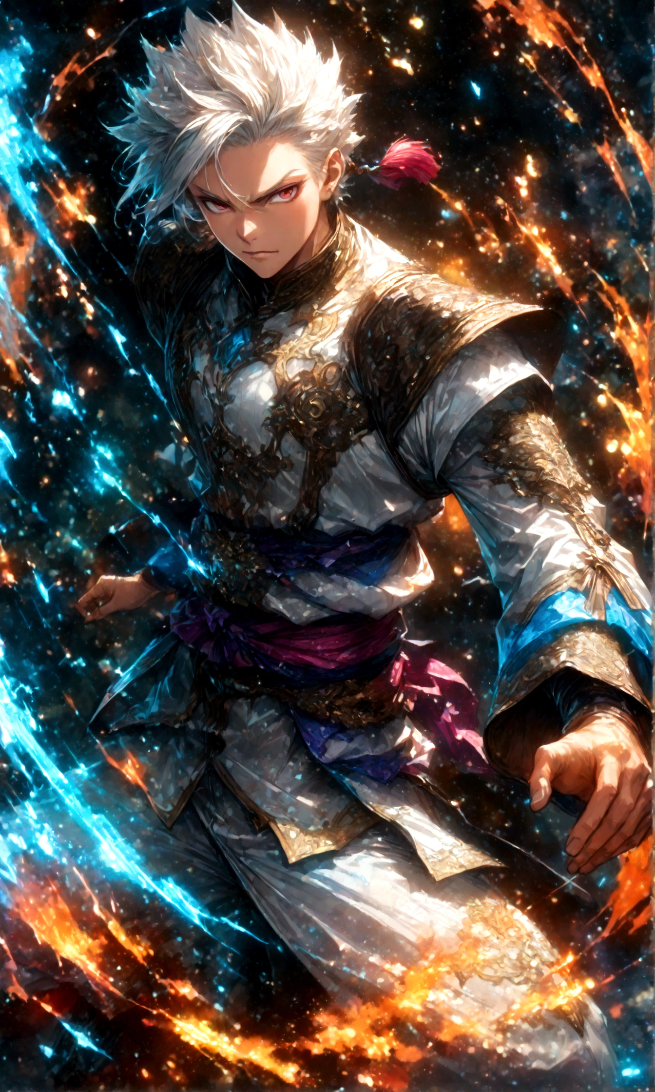(1 male,gabimaru,Androgynous short hair,white hair,White ninja outfit,Gabimaru is a slim androgynous man,beautiful),Midori Ishida's painting style,Intricate details,Use black and white as your main colors,Decadent,artwork,rendering,Dynamic pose,(masterpiece:1.3),(highest quality:1.4),(Super detailed:1.5),High resolution,Very detailed,unity 8k wallpaper,Dark fantasy,Glare,Fighting Style,