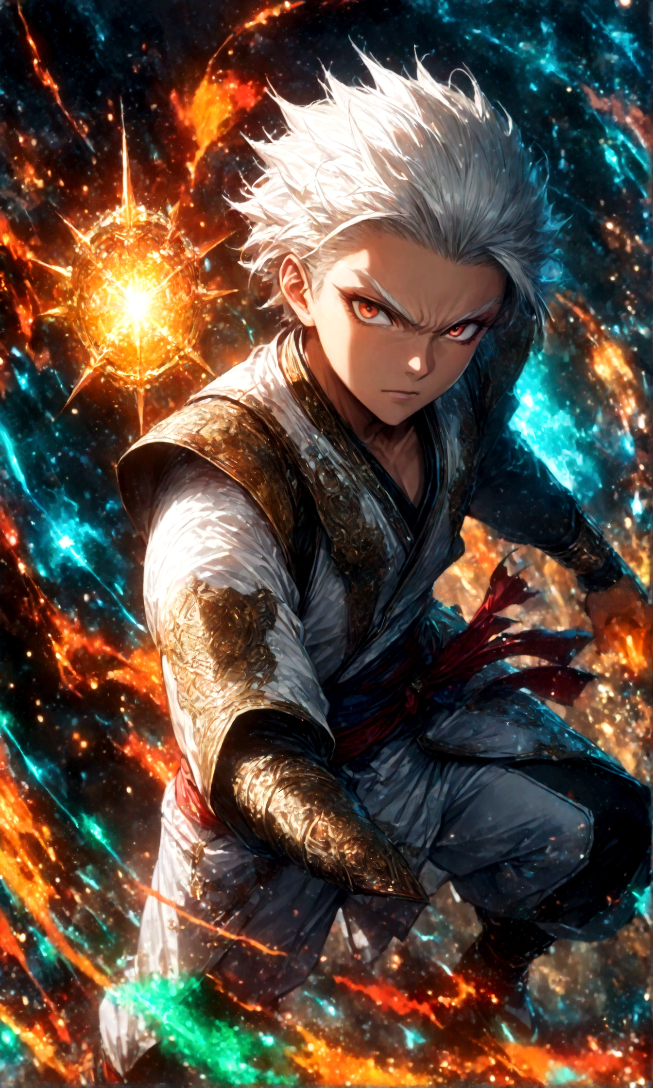 (1 male,gabimaru,Androgynous short hair,white hair,White ninja outfit,Gabimaru is a slim androgynous man,beautiful),Midori Ishida's painting style,Intricate details,Use black and white as your main colors,Decadent,artwork,rendering,Dynamic pose,(masterpiece:1.3),(highest quality:1.4),(Super detailed:1.5),High resolution,Very detailed,unity 8k wallpaper,Dark fantasy,Glare,Fighting Style,