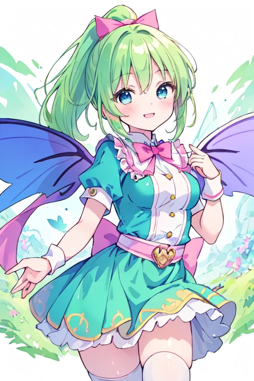 (best quality, masterpiece:1.2), illustrations,
 a cute girl, cute face, kawaii, early teens, 15-year-old, very lovingly face,
 short ponytail, pale green hair, shiny hair,
 blue eyes,
 medium breasts,
 fairy wings, fairy dress,
 floating in the air,
 smile,
 white background,