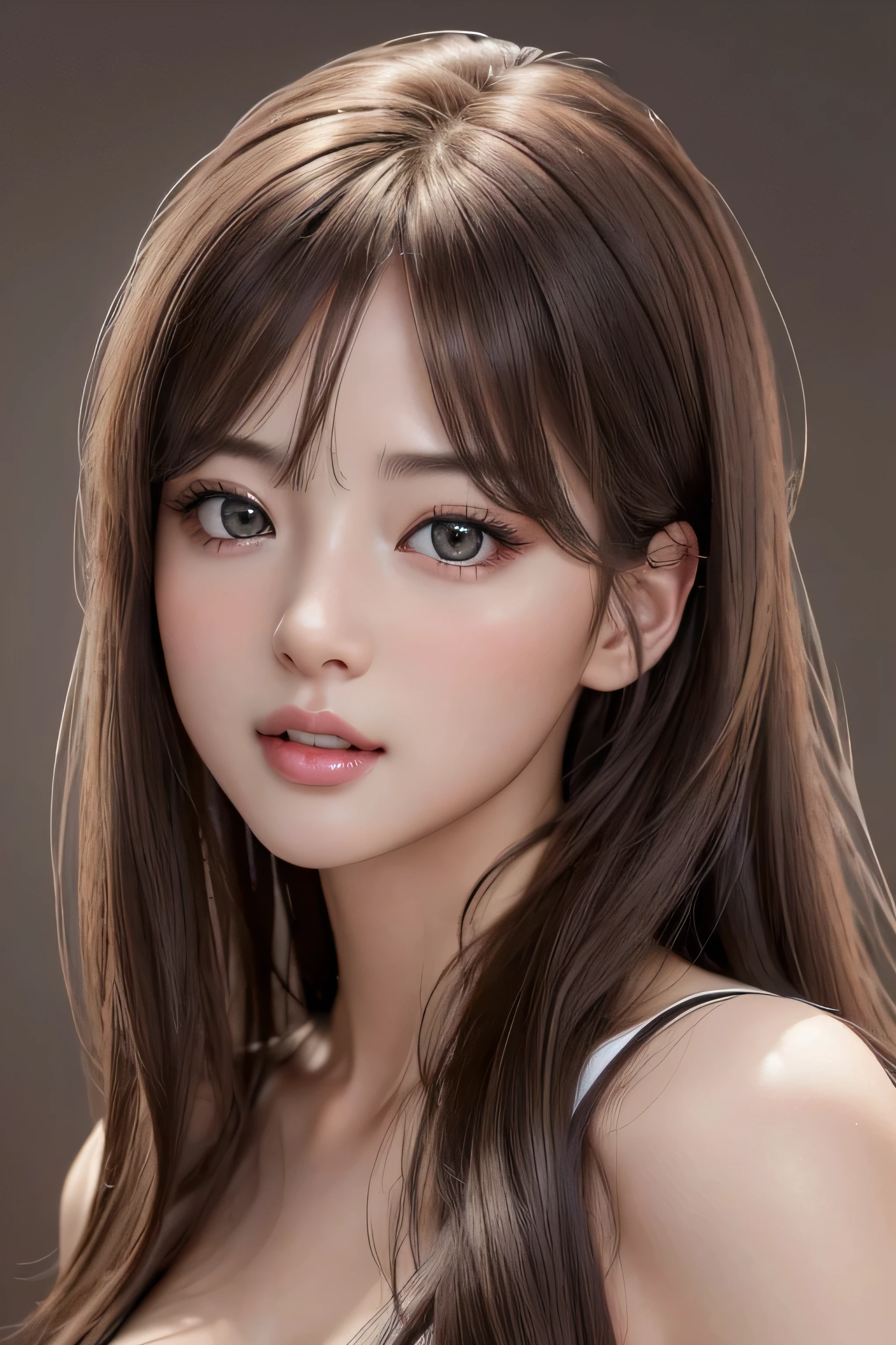 (Representative works: 1.3), (8k, Realistic, RAW Photos, Best image quality: 1.4), (20 year old beauty),Small face, Beautiful Face, (Realistic Face),Natural Makeup、light makeup、 (Dark brown, Long Hair: 1.3), Beautiful Hairstyles, Realistic eyes, Beautiful fine details, (Photorealistic Skin: 1.2), Beautiful Skin、((nude: 1.1))、Bust F cup、(Embarrassing)、(Erotic), Confused, charm, 超High resolution, Ultra-realistic, High resolution, Golden Ratio,、Gray background、sexy、cute,(Ecstasy face),(Sexy Lingerie)、(Very Gasping: 1.1)