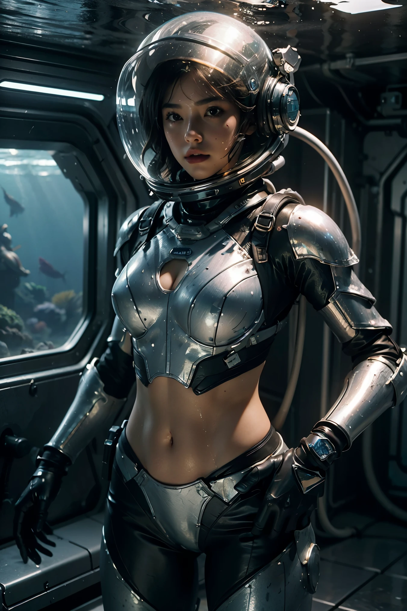 a girl in diving suit,Bikini wetsuit, fully exposed midriff, bare waist,cowboy-shot, Under deep water，The body is wet，((in deep sea))，Transparen oxygen helmet,Transparent full-face helmet ,((bikini top)),((metal Bikini armor)), sexy exposed midriff, full metallic armor, bare midriff and waist, open abdomen, fully exposed abdomen, cowboy-shot, realistic, photorealistic, high quality, 8k, extremely detailed, masterpiece, dynamic pose, dramatic lighting, cinematic, sci-fi, futuristic, vibrant colors