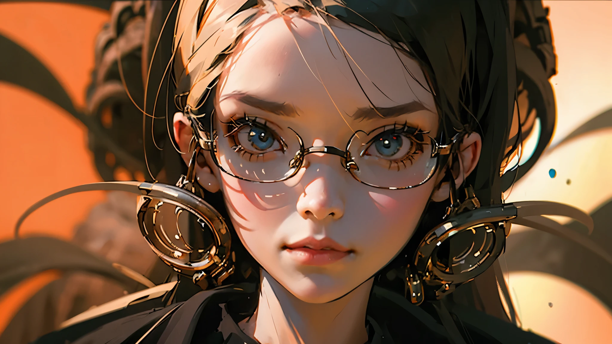 A woman wearing glasses is surrounded by science elements, 19:9 scale with close up medium format and displays many colors