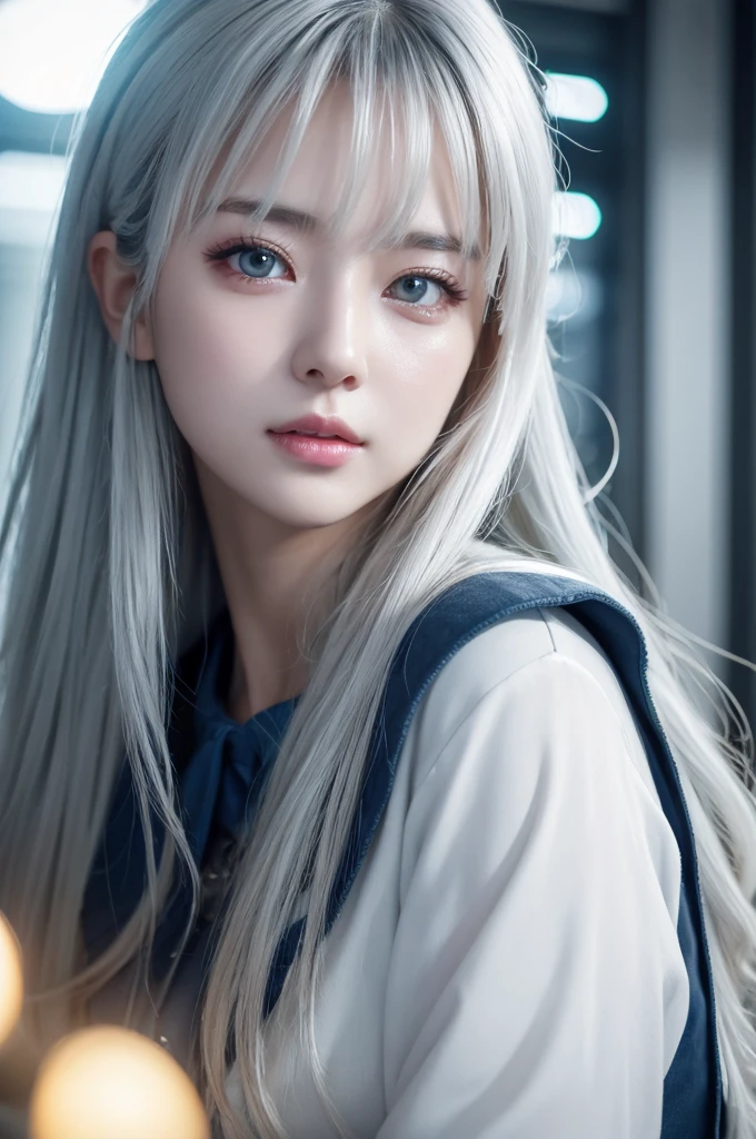 highest quality、8k Masterpiece、超A high resolution、(Photorealistic:1.3)、RAW Photos、1 girl、Silvery white hair、Glowing Skin、1. Super-beautiful Cyberpunk Soldiers、((Ultra-Realistic Details))、Portrait、Global Illumination、Shadow、Octane Rendering、8k、Super sharp、Beautiful breastetal、Cold colors、、Very intricate details、Realistic Light、CGSoation Trend、Beautiful Eyes、Shining Eyes、To the camera、Neon Details、２０age、