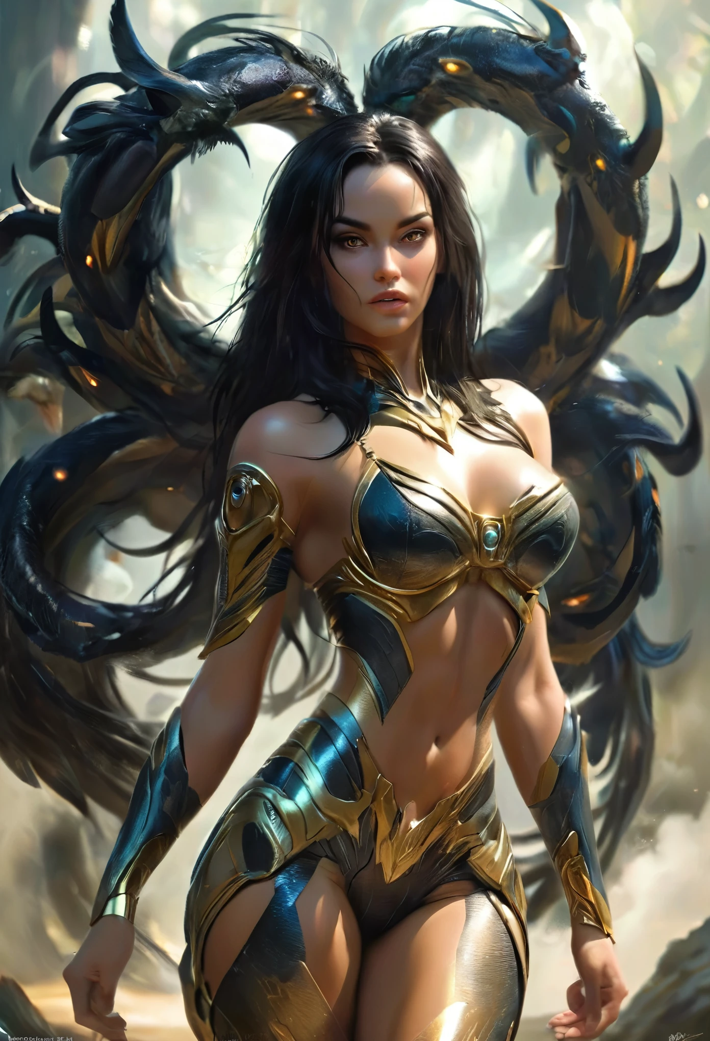 1 female alien, The predator, (extremely beautiful:1.2), (intense gaze:1.4), (predator:1.1), long dark claws, (NSFW:0.8), nipples, thick eyebrows, (shine golden eyes:1.5), the most beautiful face in the universe, jet black hair

A woman with an extremely beautiful face, her intense gaze fixed on her prey, a primal force that could not be denied.

(beautiful lean body:1.5), (muscular build:1.2), (prowling:1.3), (sleek movements:1.4)

Her beautiful body, muscular and toned, moved with sleek grace as she prowled, ready to strike at a moment's notice. The predator within her was always on