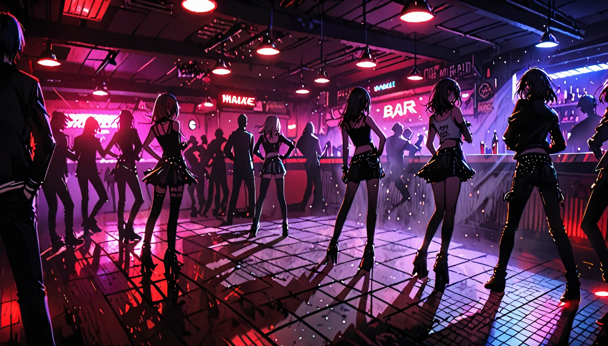 group of three anime women, dancing, black bras with neon pink outlines, black and pink patterned miniskirt, wearing garter belts and stockings, shot from below skirt, upskirt shot.