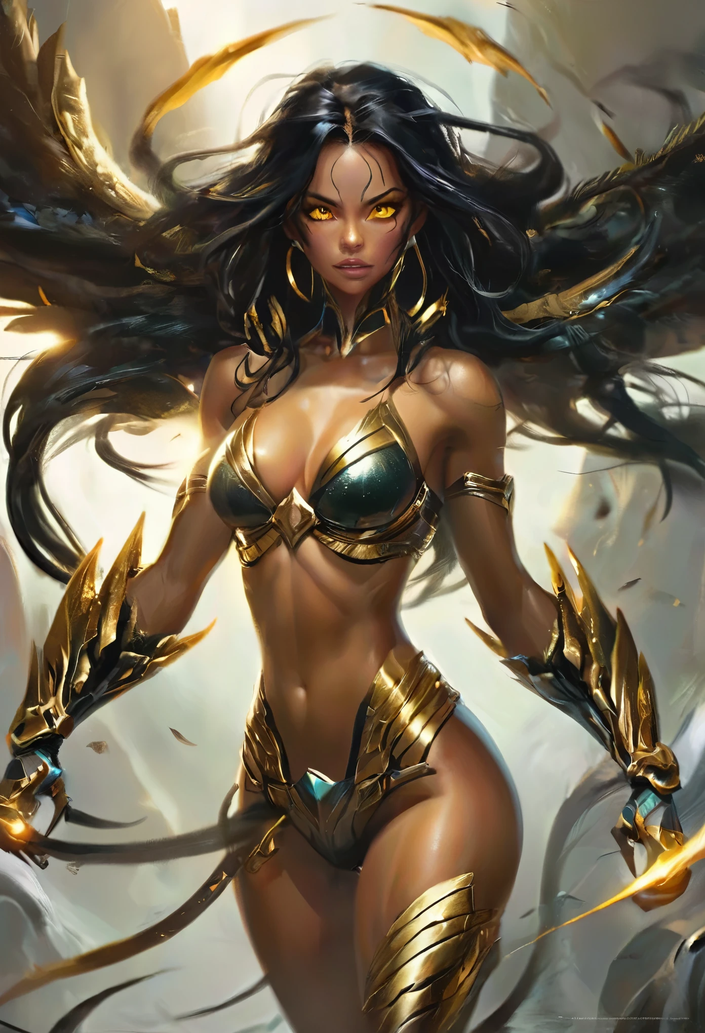 1 female alien, The predator, (extremely beautiful:1.2), (intense gaze:1.4), (predator:1.1), long dark claws, (NSFW:0.8), nipples, thick eyebrows, (shine golden eyes:1.5), the most beautiful face in the universe, jet black hair

A woman with an extremely beautiful face, her intense gaze fixed on her prey, a primal force that could not be denied.

(beautiful lean body:1.5), (muscular build:1.2), (prowling:1.3), (sleek movements:1.4)

Her beautiful body, muscular and toned, moved with sleek grace as she prowled, ready to strike at a moment's notice. The predator within her was always on